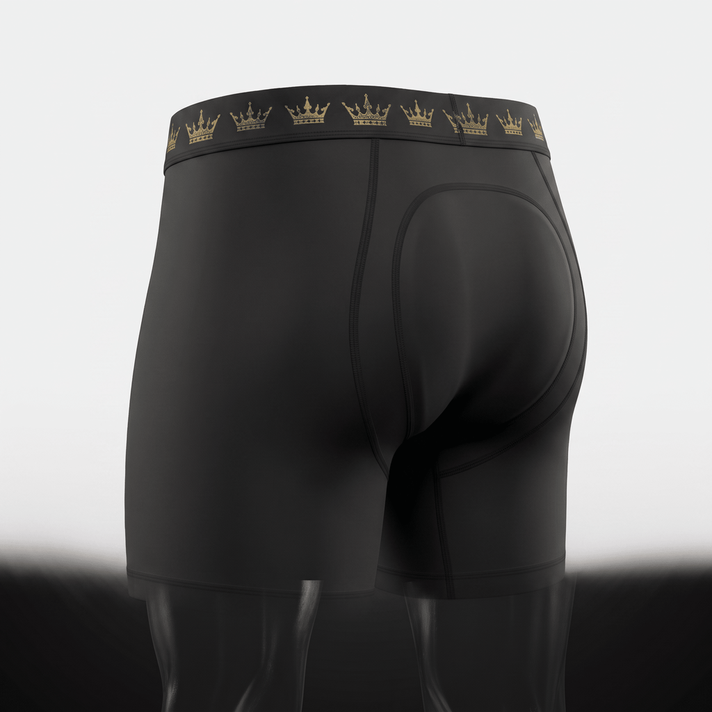 Black boxer briefs featuring a gold crown print waistband and reinforced rear panel.