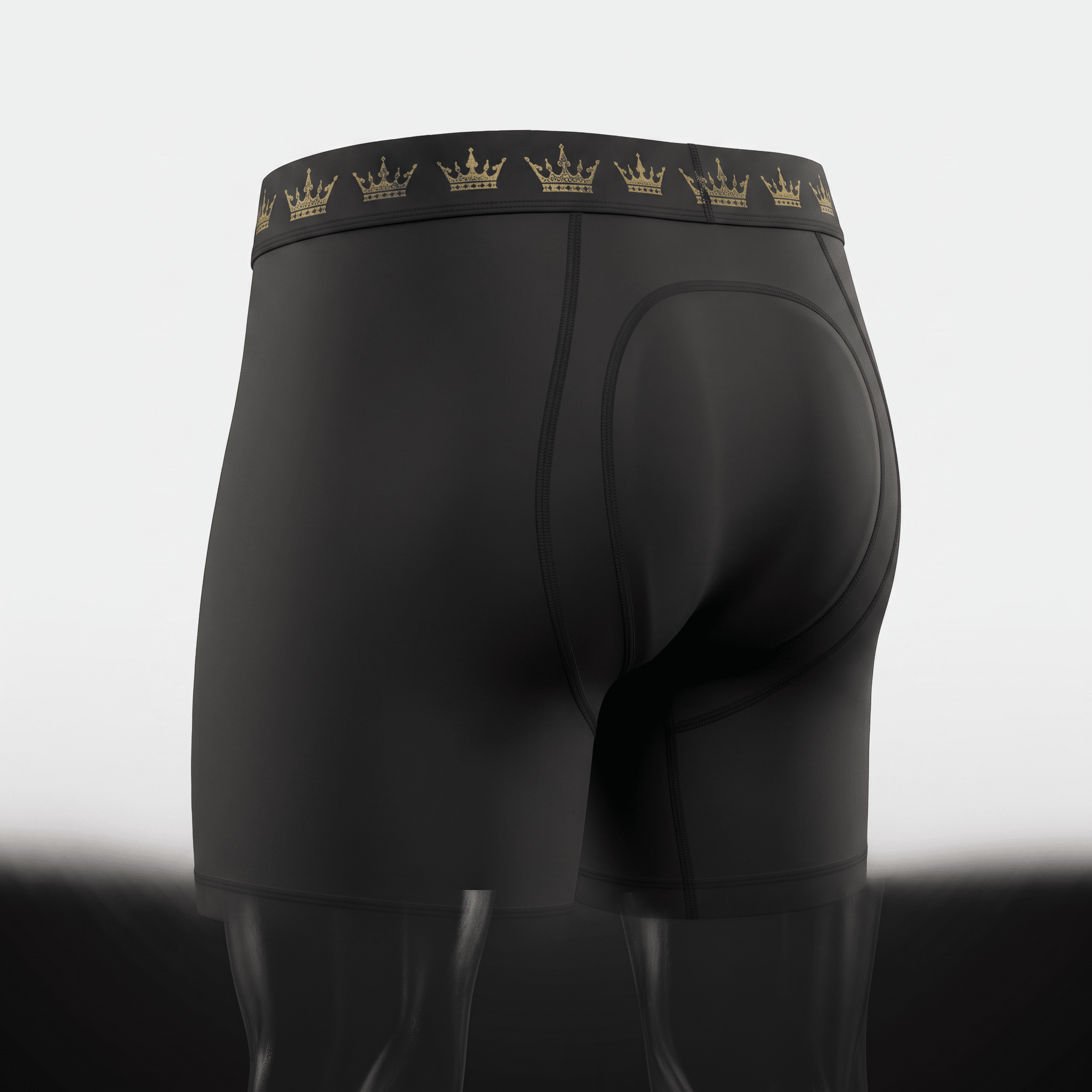 Black boxer briefs featuring a gold crown print waistband and reinforced rear panel.