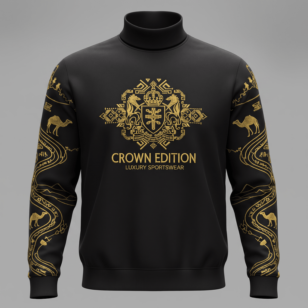 Black turtleneck sweatshirt with gold Crown Edition chest crest and ornate sleeve prints.