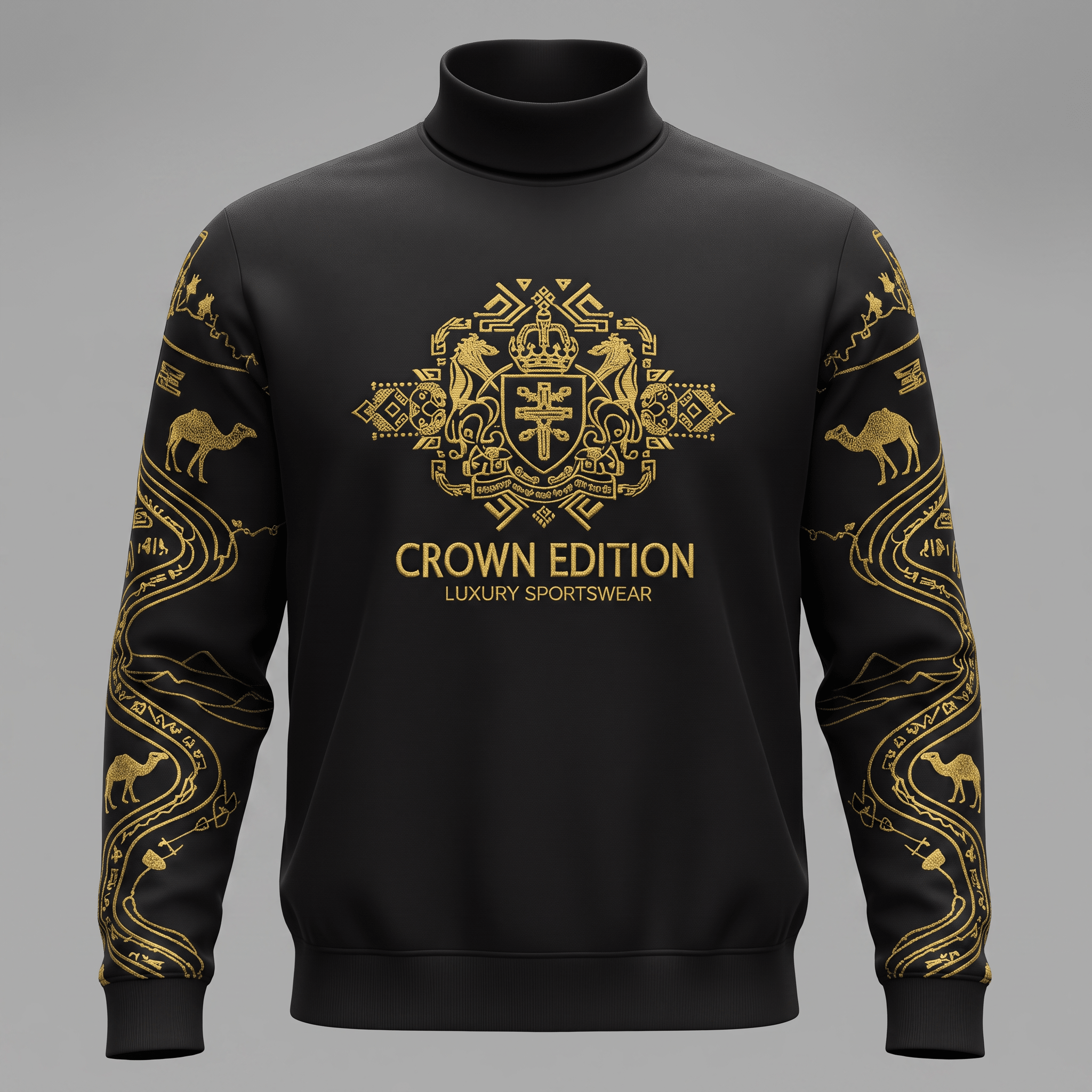 Black turtleneck sweatshirt with gold Crown Edition chest crest and ornate sleeve prints.