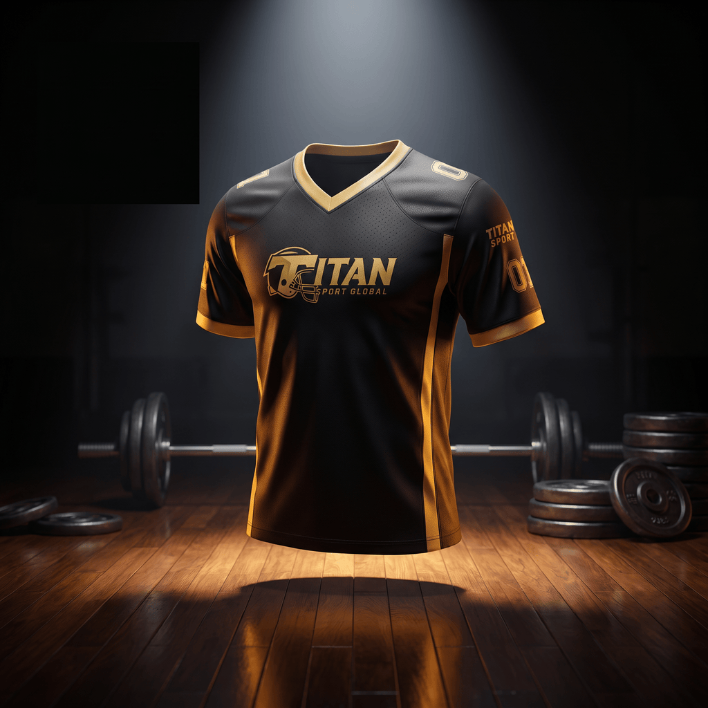 Black and gold Titan Sport Global V-neck athletic jersey floating in a gym setting with gym weights in the background.