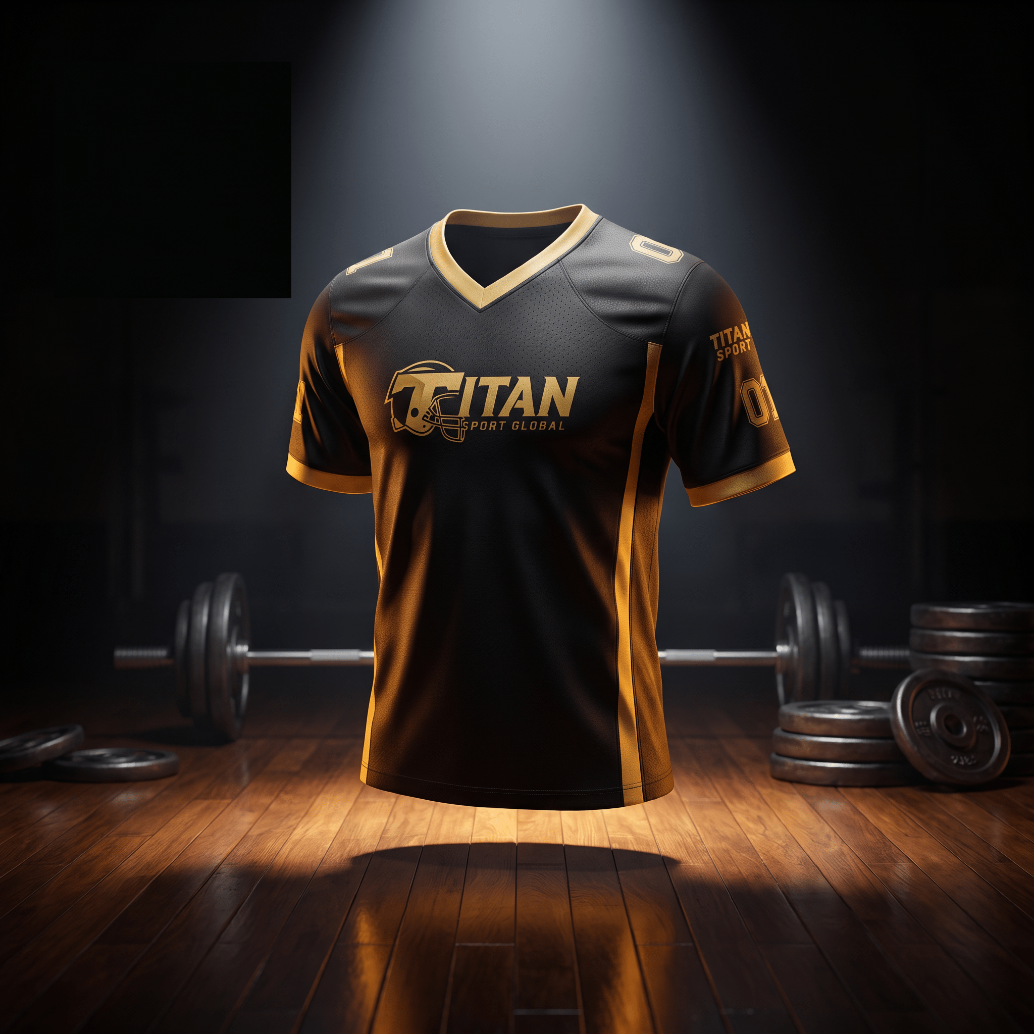 Black and gold Titan Sport Global V-neck athletic jersey floating in a gym setting with gym weights in the background.