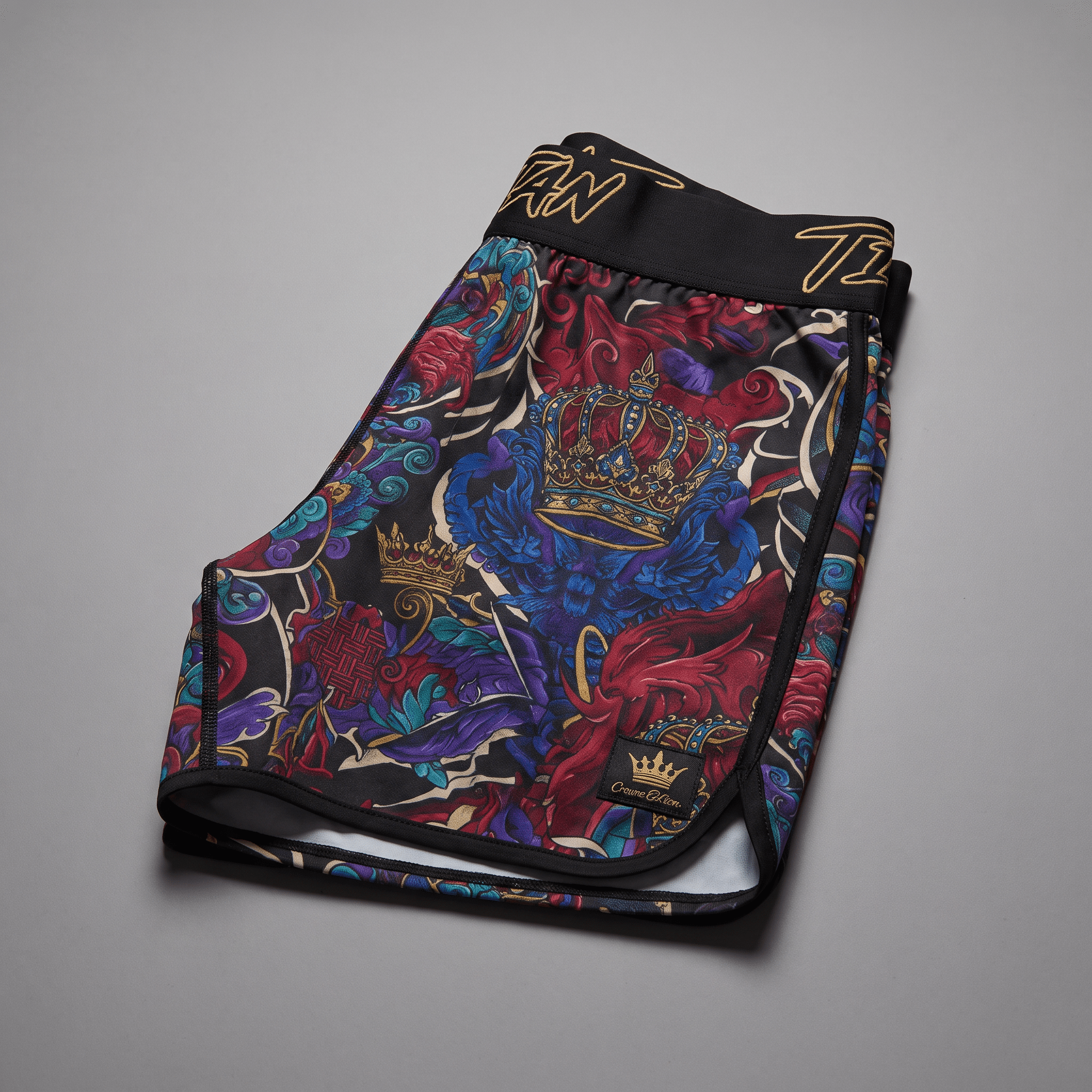 Black athletic shorts with vibrant red, blue, and gold crown tattoo print, wide waistband, and branded label.