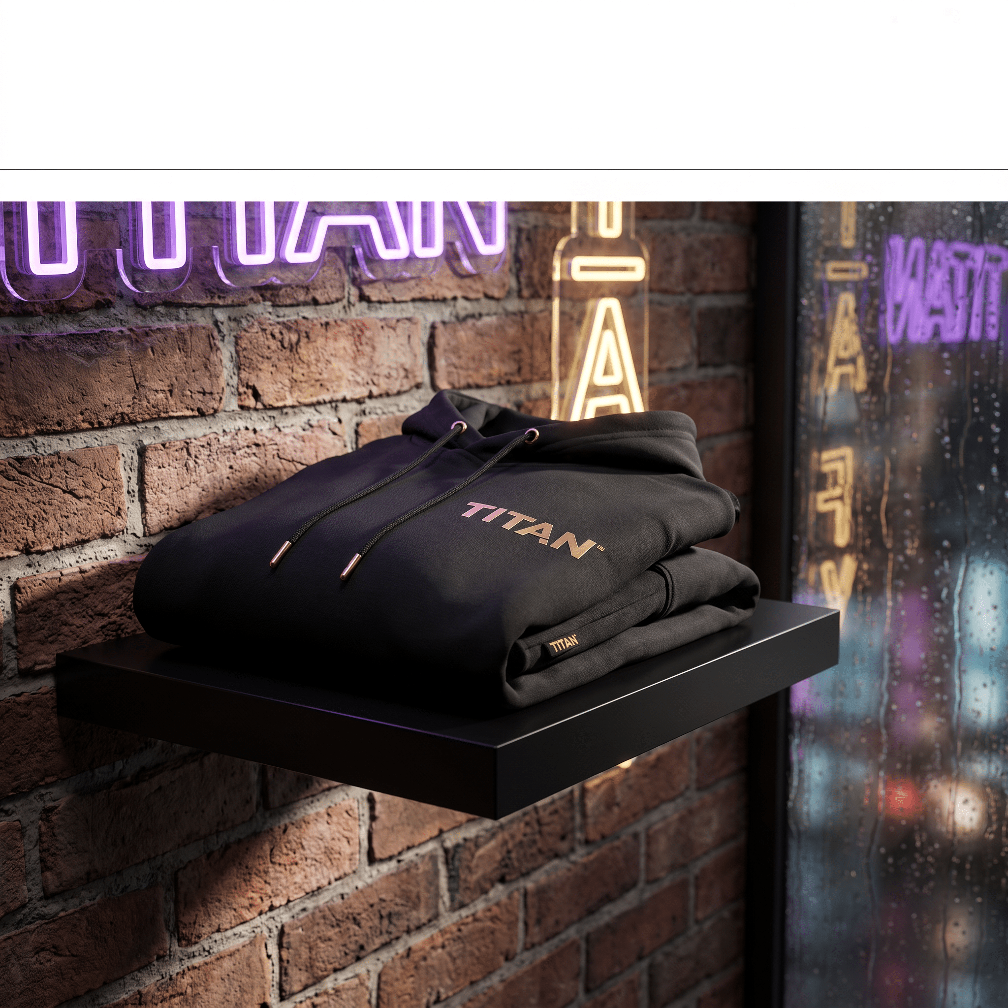 Black hoodie with metallic gold "TITAN" branding, folded on a black shelf against a brick wall with neon lighting.