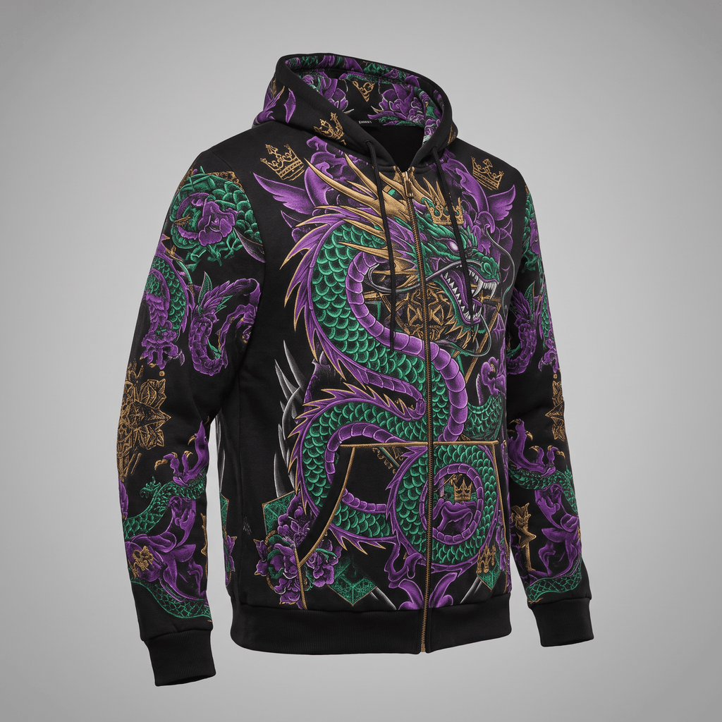 Black zip-up hoodie featuring a vibrant green and purple dragon graphic with gold crowns.