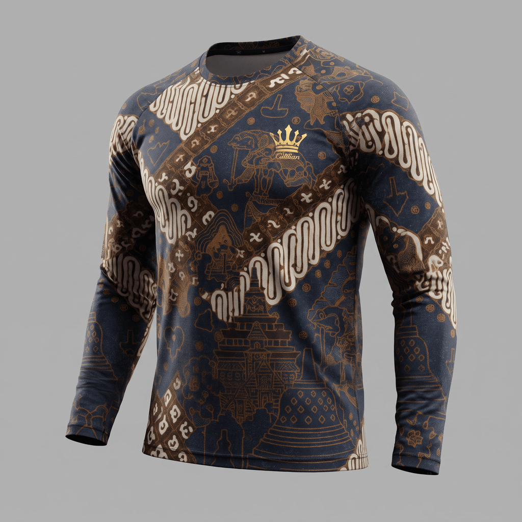 Blue long-sleeve athletic shirt featuring traditional brown and white batik patterns and a gold crown logo.
