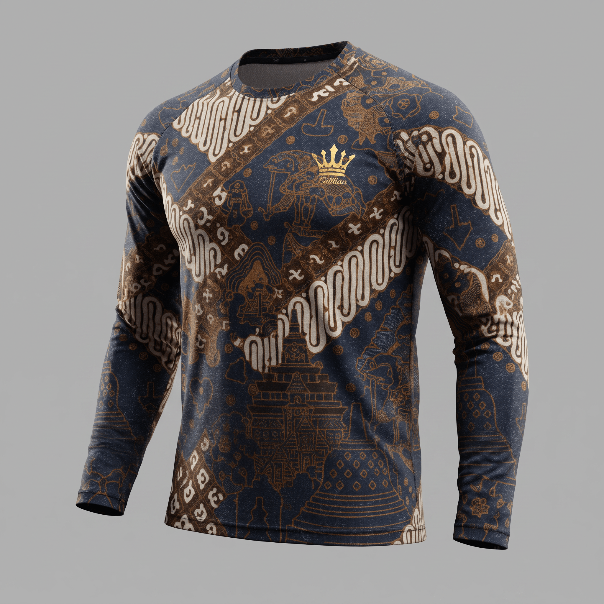 Blue long-sleeve athletic shirt featuring traditional brown and white batik patterns and a gold crown logo.