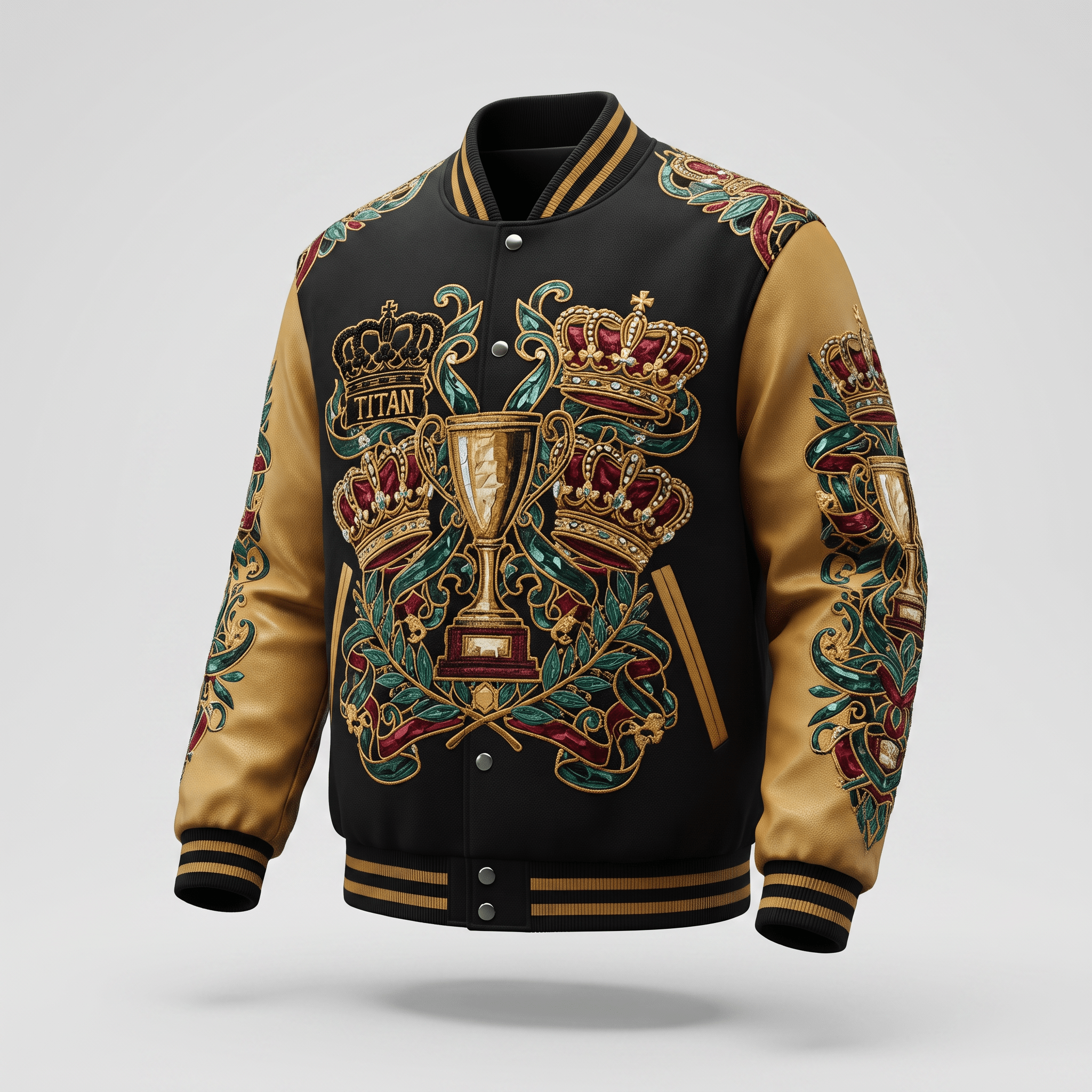 Black and tan varsity jacket featuring ornate gold, red, and green embroidered crowns and trophy graphics.