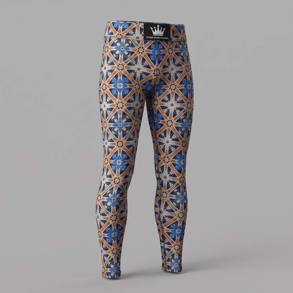 Blue and brown mosaic pattern athletic leggings with a high waistband and crown logo.