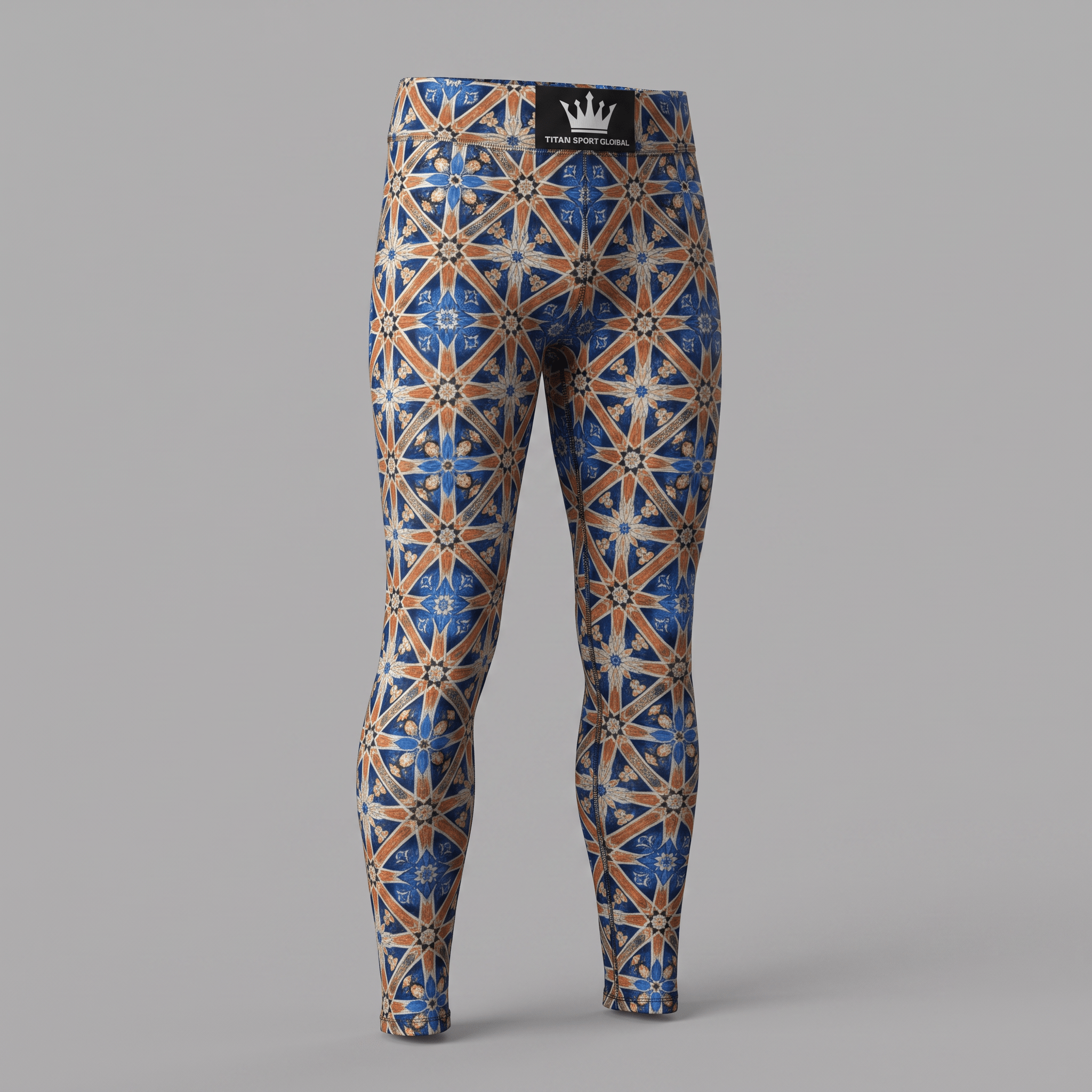 Blue and brown mosaic pattern athletic leggings with a high waistband and crown logo.