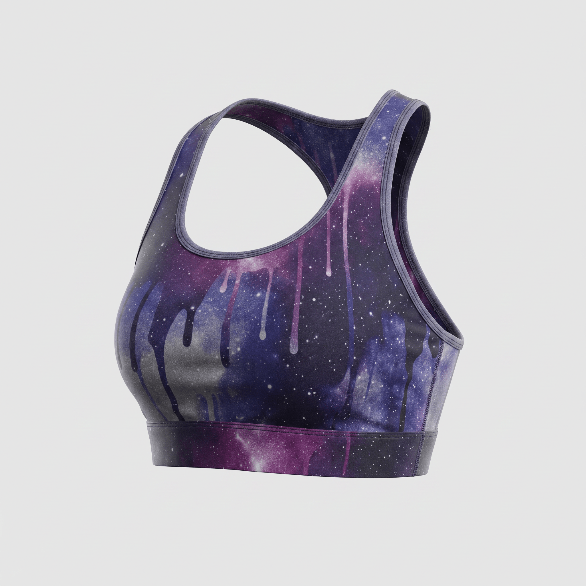 Purple galaxy print sports bra with a racerback style and black drip design on a light background.