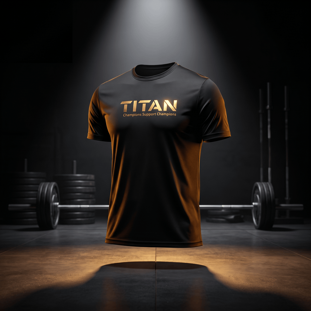 Black athletic t-shirt with gold "TITAN: Champions Support Champions" logo, floating in a dark gym setting.