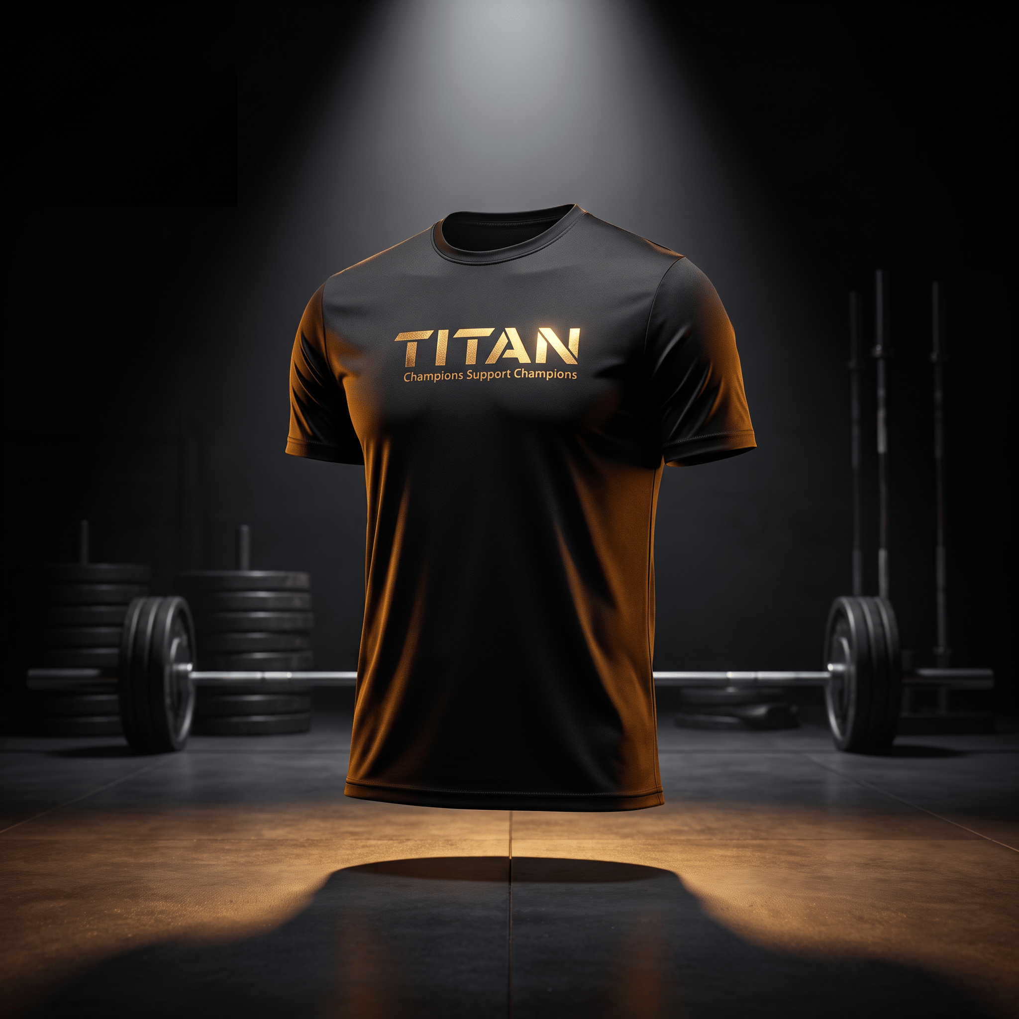 Black athletic t-shirt with gold "TITAN: Champions Support Champions" logo, floating in a dark gym setting.