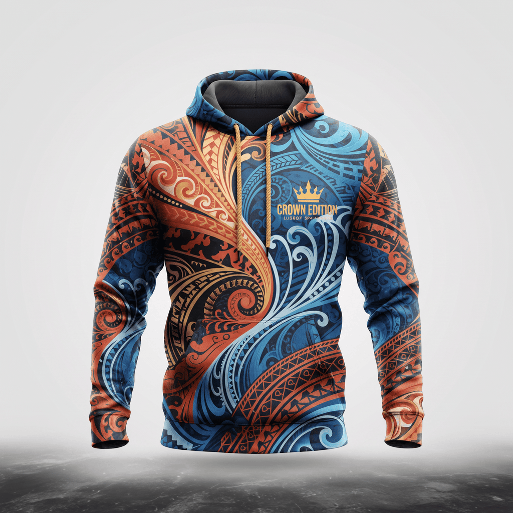 Blue and orange hoodie featuring intricate Polynesian tribal patterns and a gold Crown Edition logo.