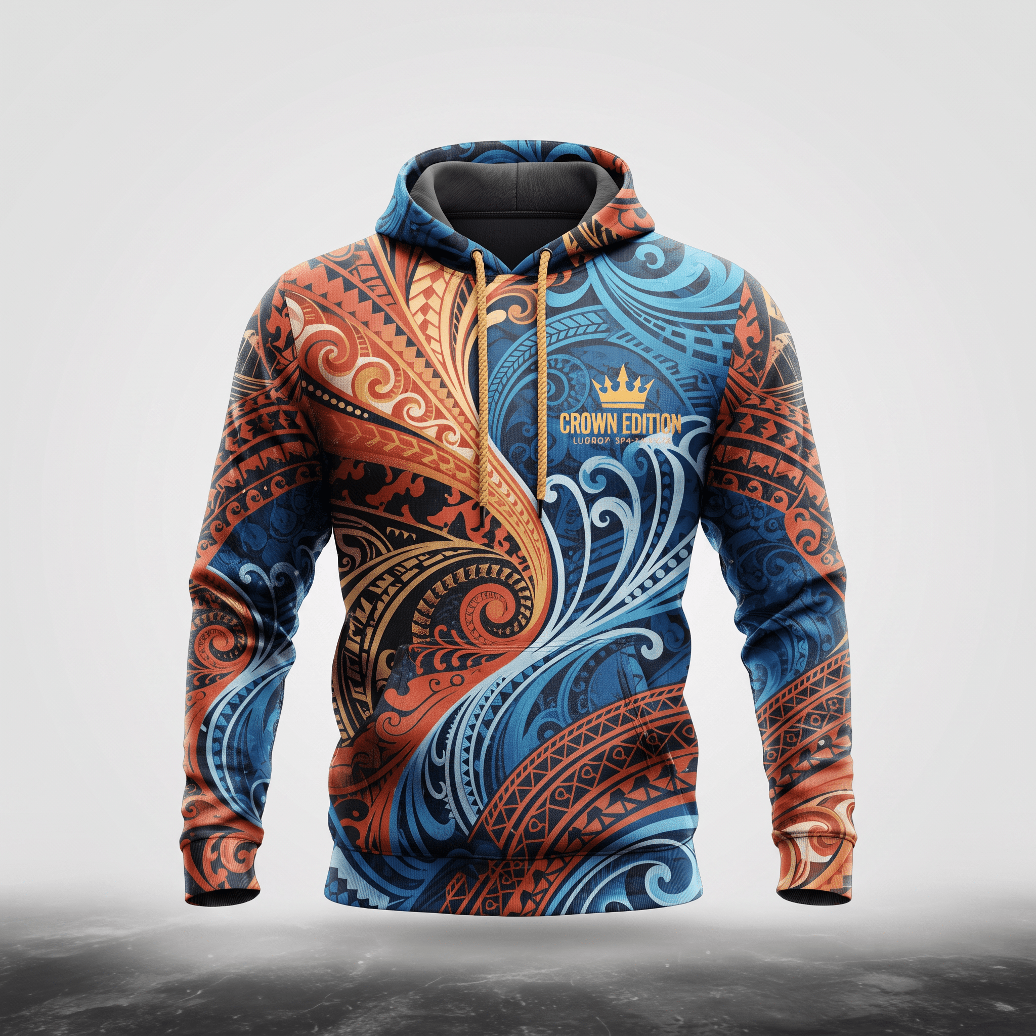 Blue and orange hoodie featuring intricate Polynesian tribal patterns and a gold Crown Edition logo.