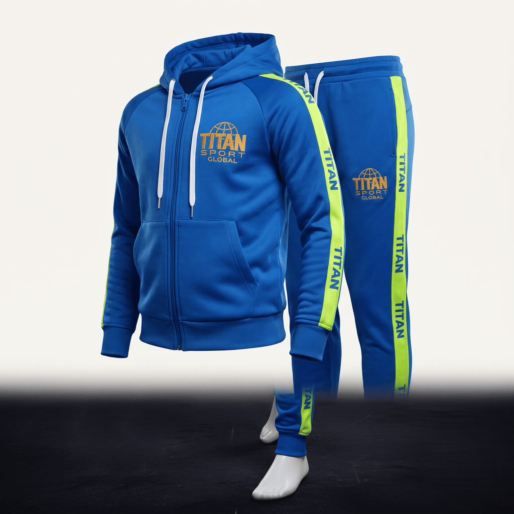 Blue zip-up hoodie and sweatpants tracksuit with neon yellow side stripes and Titan Sport Global logos.