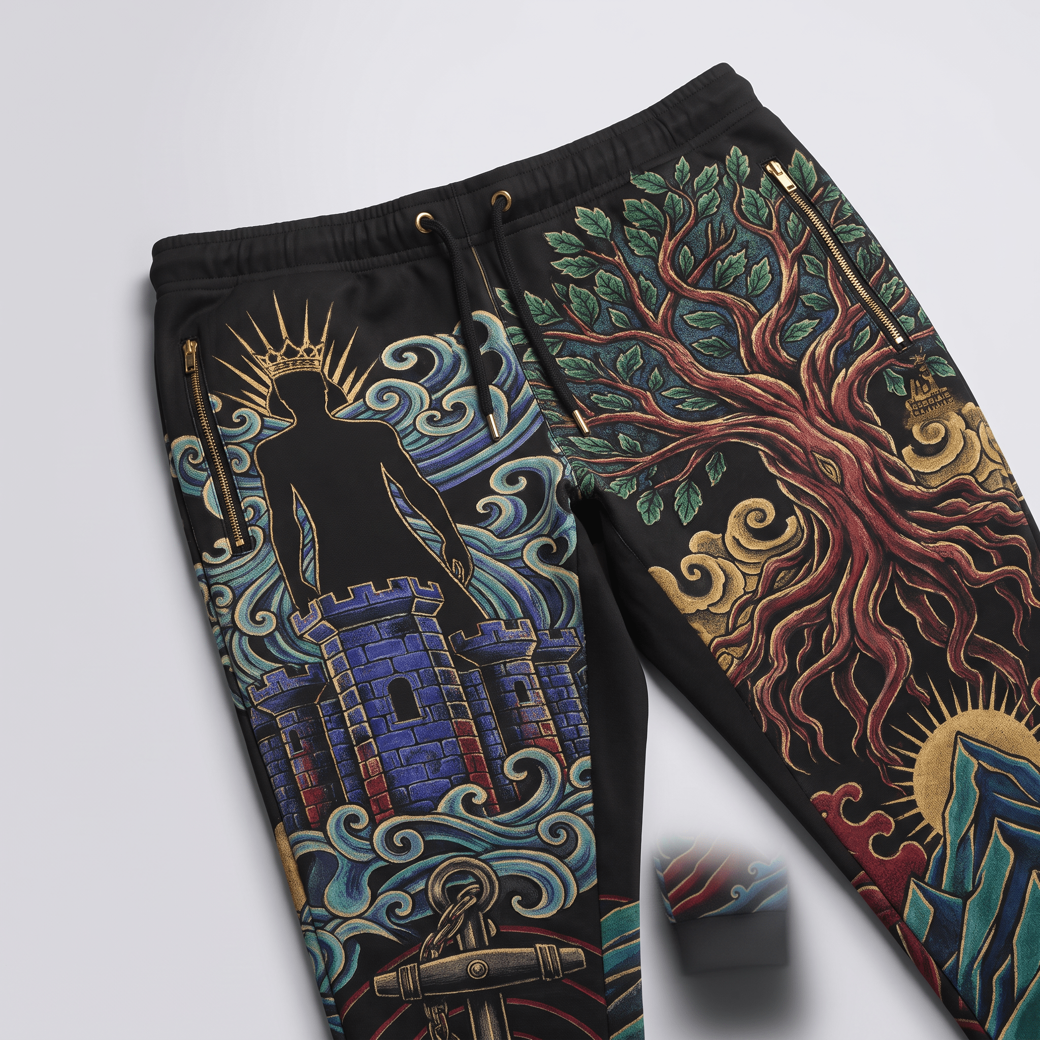 Black sweatpants with vibrant tarot-style illustrations of a castle, tree, and crown.