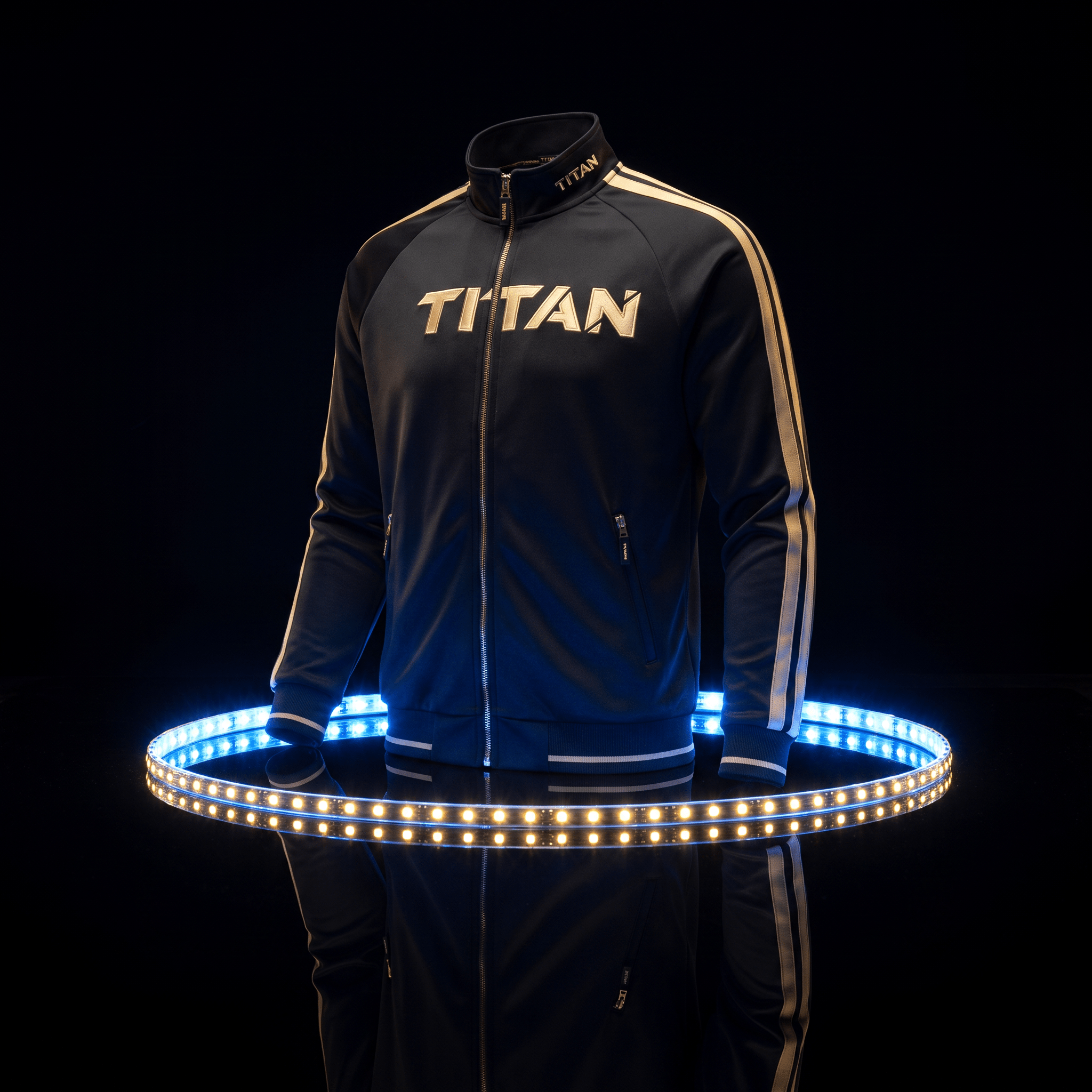 Black zip-up track jacket with gold "TITAN" logo, side stripes, and collar detail, displayed inside a glowing LED ring.