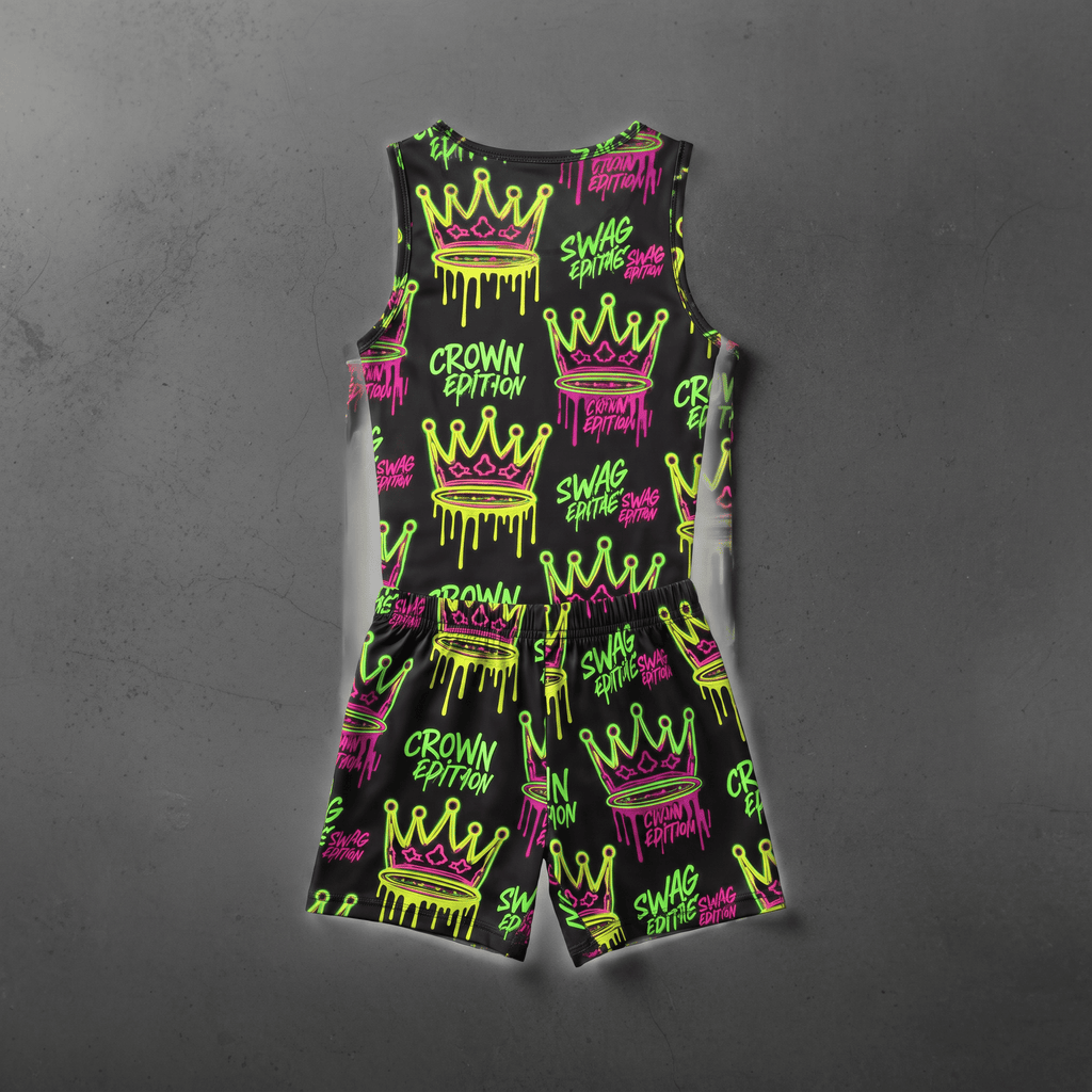 Black tank top and shorts set with neon green and pink crown graffiti print.