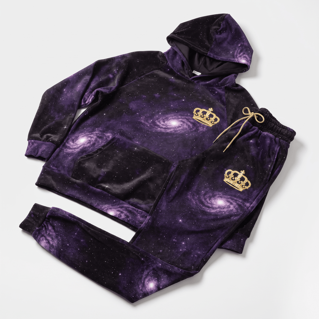 Purple galaxy print velour tracksuit with gold crown embroidery, featuring a hoodie and matching joggers.