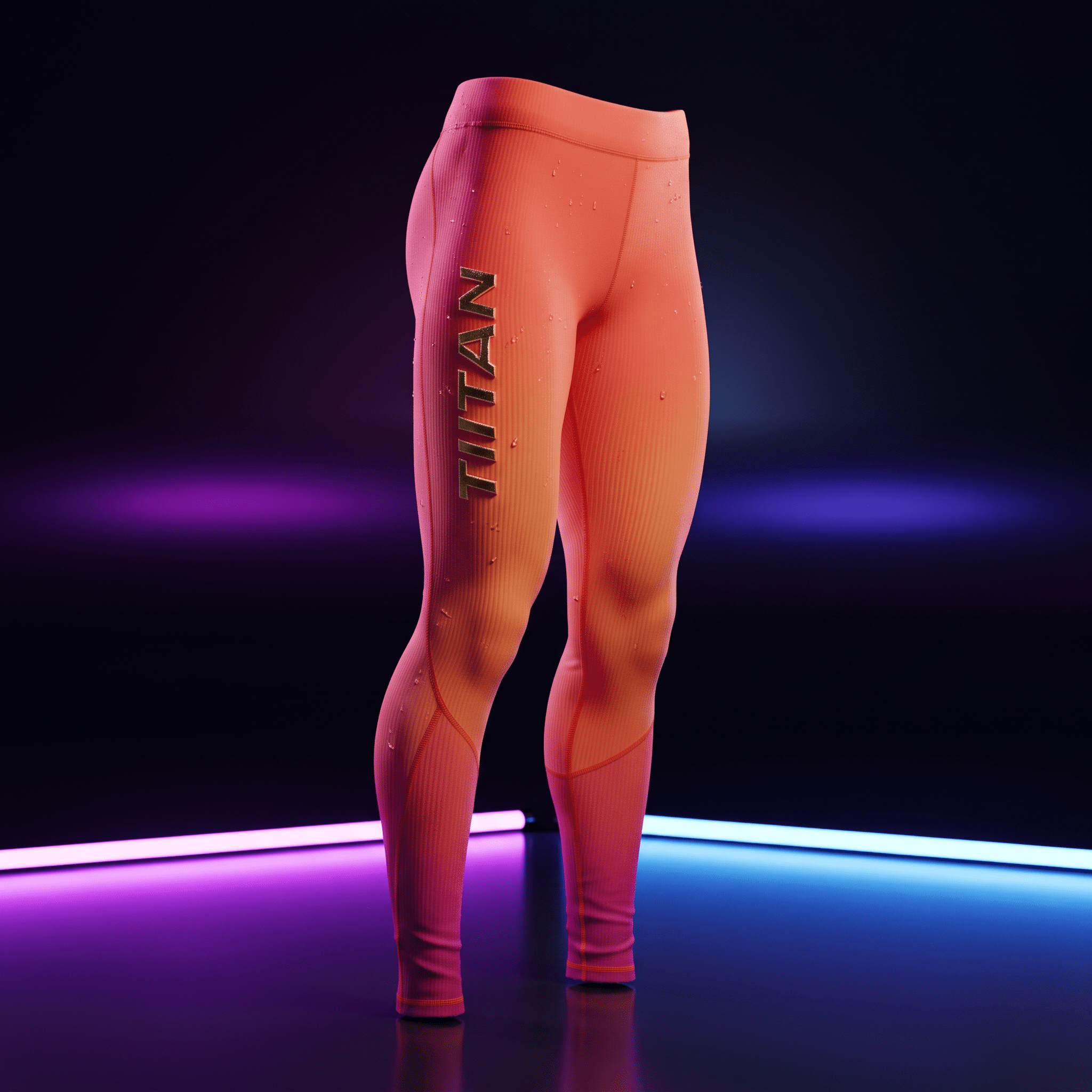 Coral and pink ombré athletic leggings with ribbed texture and vertical gold "TITAN" branding against a neon background.
