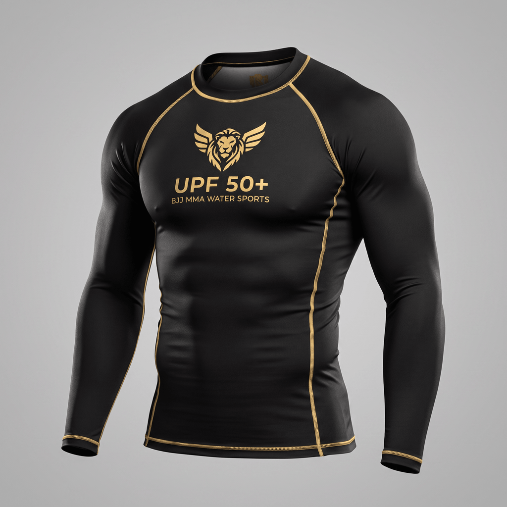 Black long-sleeve rash guard with gold stitching, lion logo, and UPF 50+ text on chest.