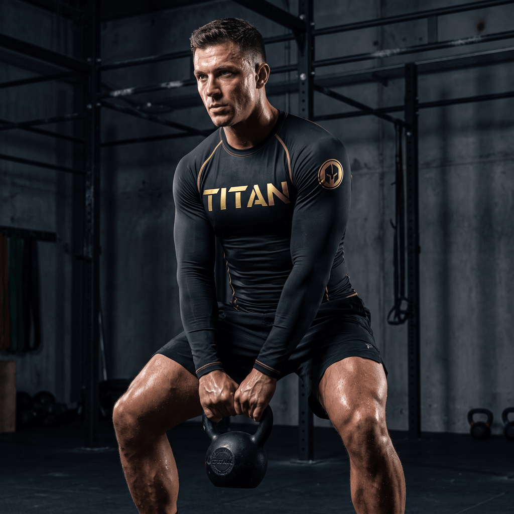 Male athlete in squat position with kettlebell wearing black and gold TITAN compression undershirt