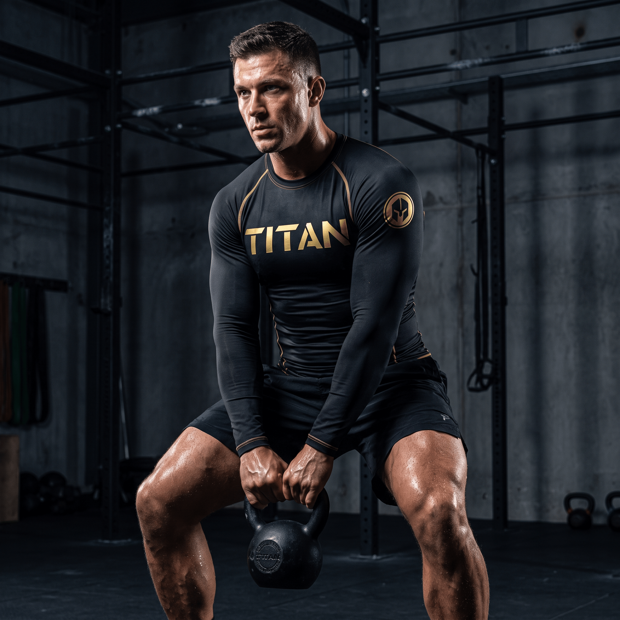 Male athlete in squat position with kettlebell wearing black and gold TITAN compression undershirt