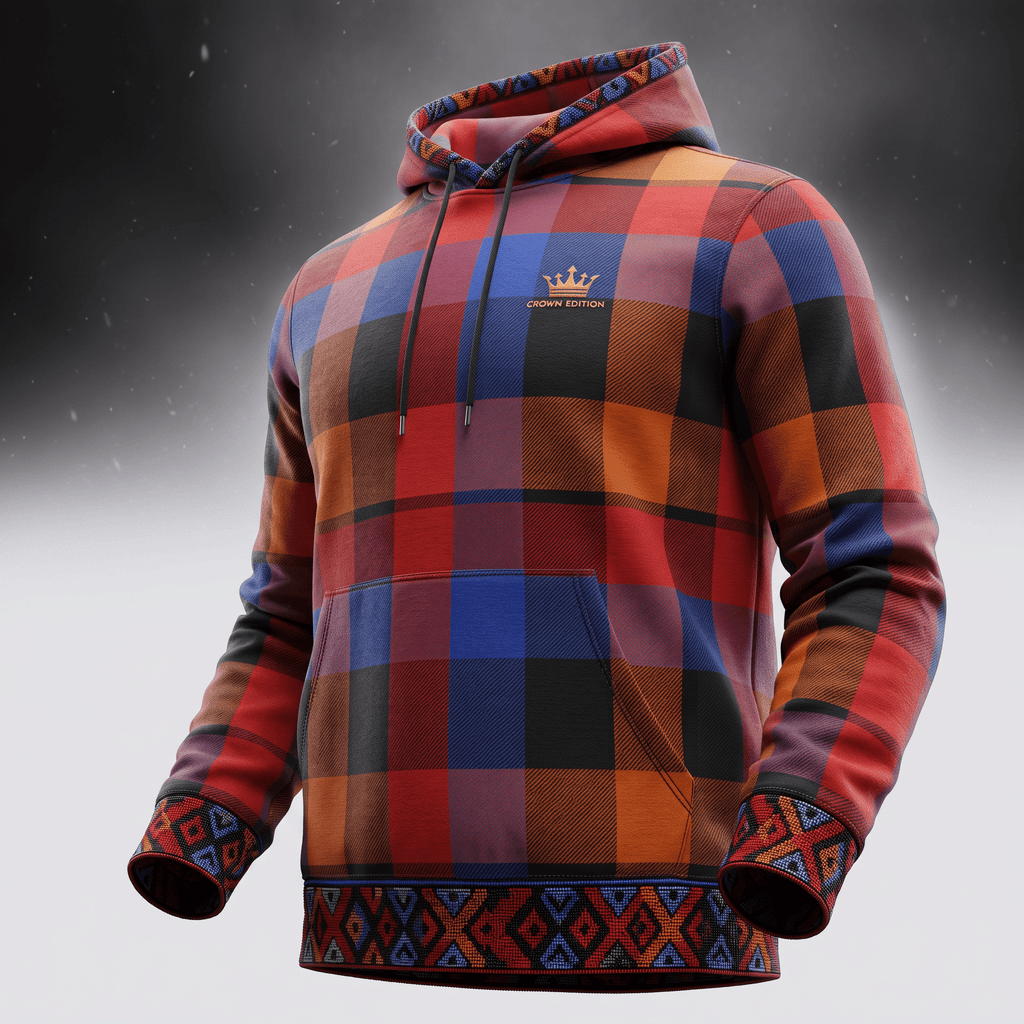 Red, blue, and orange plaid hoodie with tribal trim on cuffs and hem, featuring a small gold crown logo on chest.