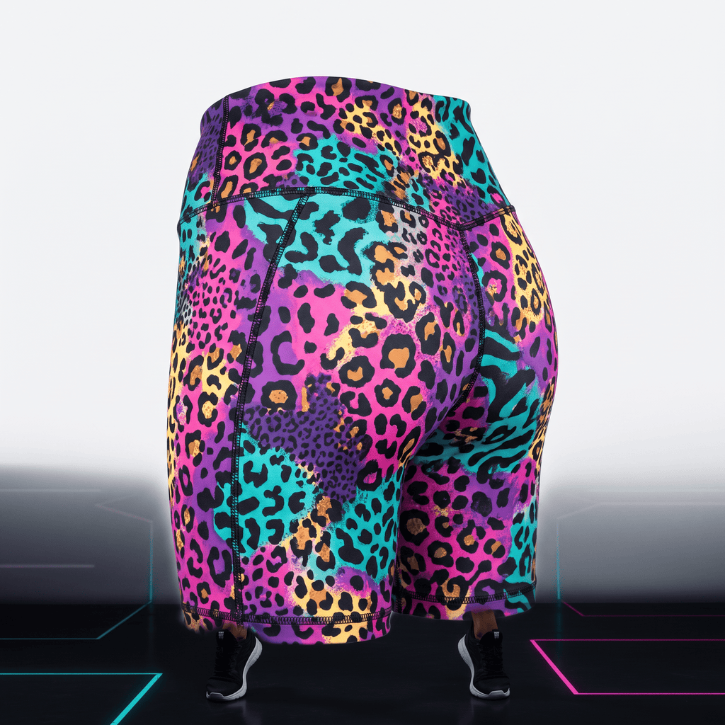Back view of colorful neon leopard print athletic shorts with high waist.