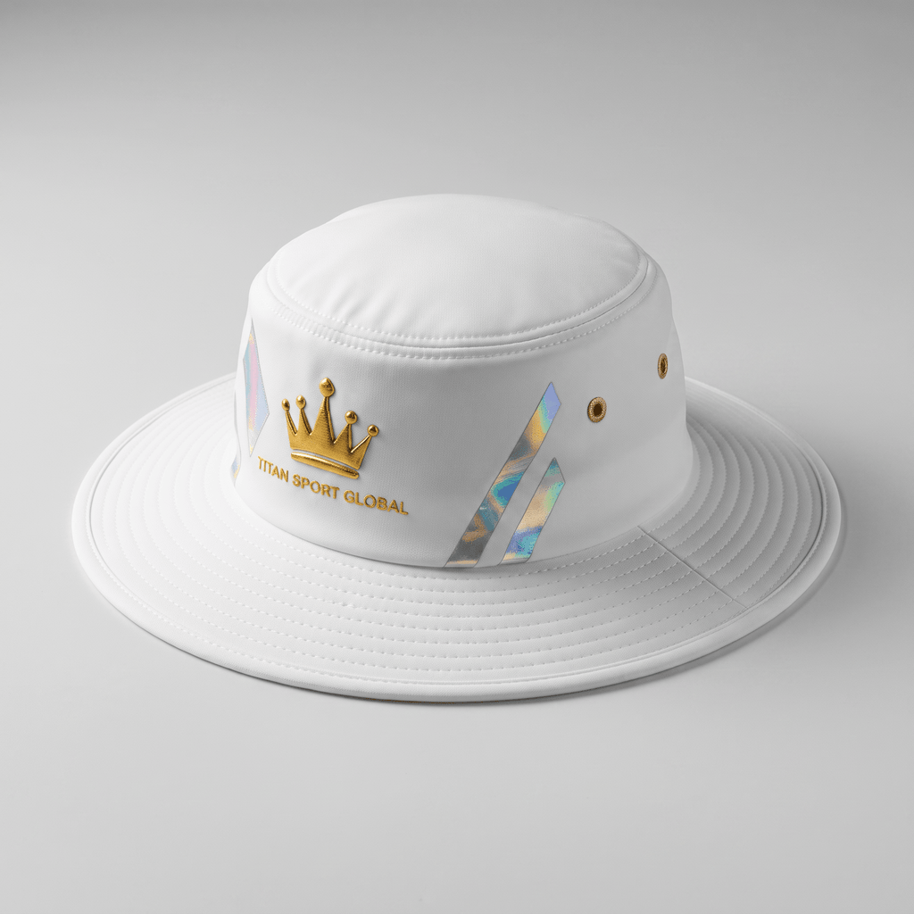 White bucket hat with gold crown logo, text Titan Sport Global, and iridescent side stripes on grey background.