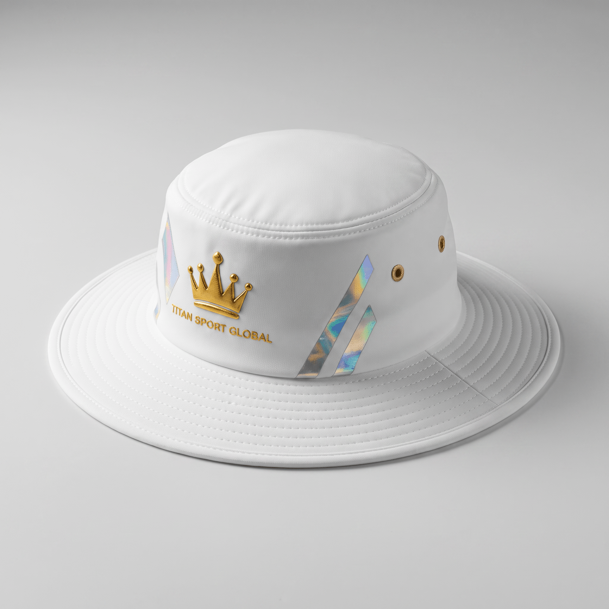 White bucket hat with gold crown logo, text Titan Sport Global, and iridescent side stripes on grey background.