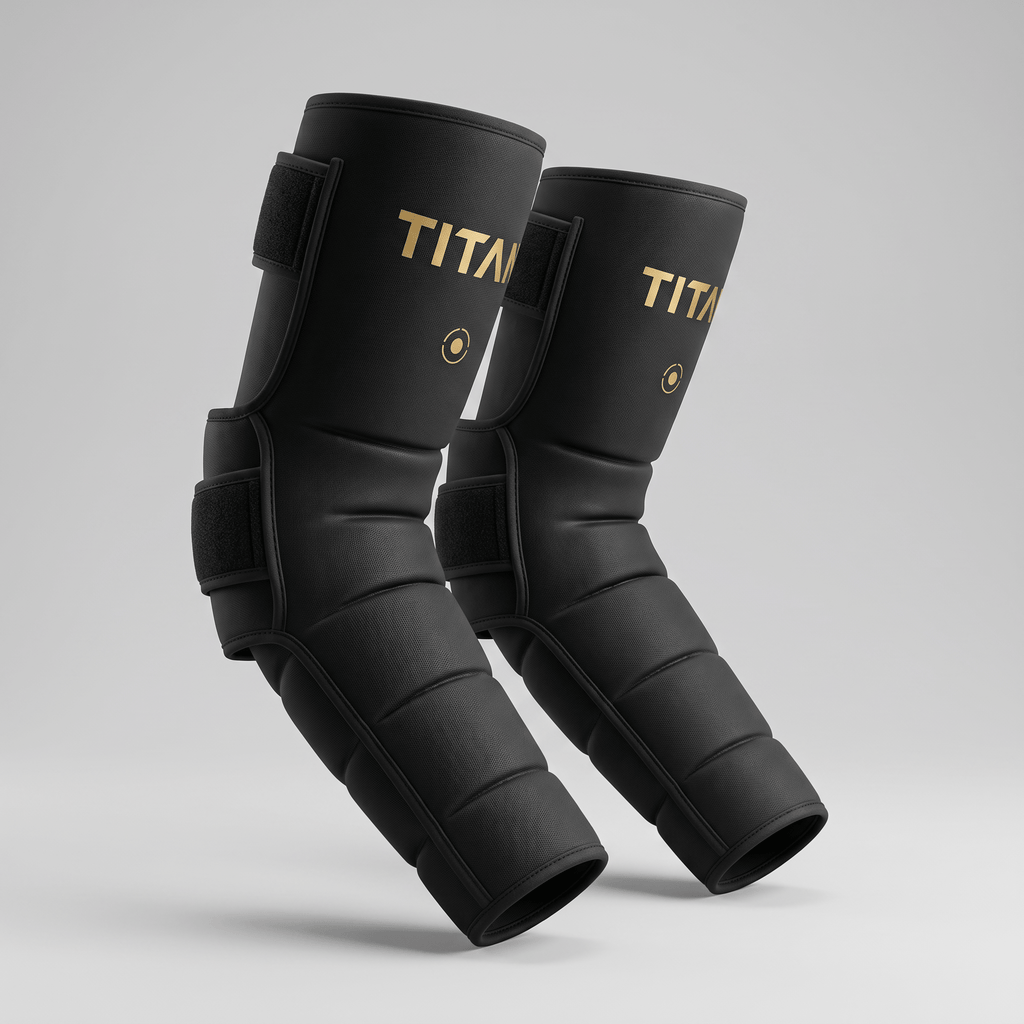 Pair of black Titan elbow sleeves with gold branding and velcro straps on a light gray background.