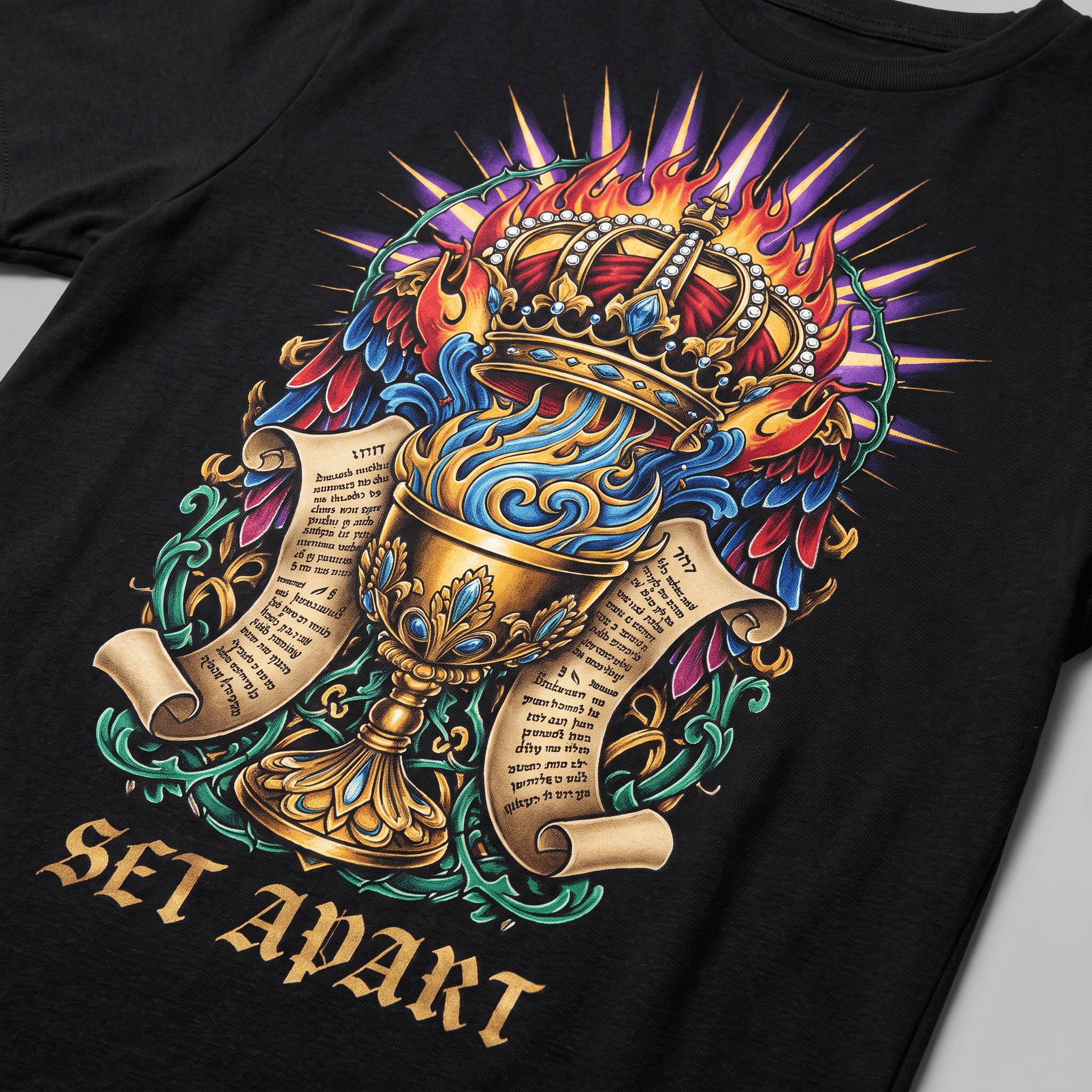 Black t-shirt featuring a graphic print of a gold chalice, crown, flames, scroll, and Set Apart text.