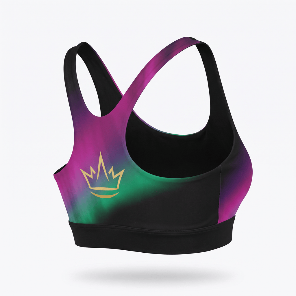 Black sports bra featuring a colorful aurora borealis print and a gold crown logo on the front.