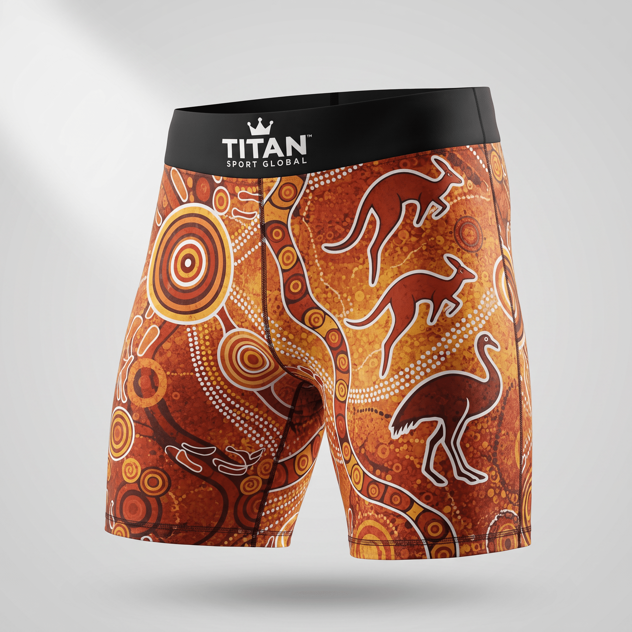 Titan Sport Global boxer brief with Indigenous Australian art, featuring kangaroos, emu, and earth tones.