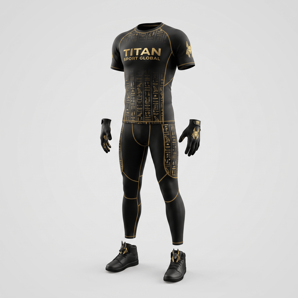 Black and gold athletic compression shirt and leggings set with Egyptian hieroglyph print and Titan Sport Global logo.