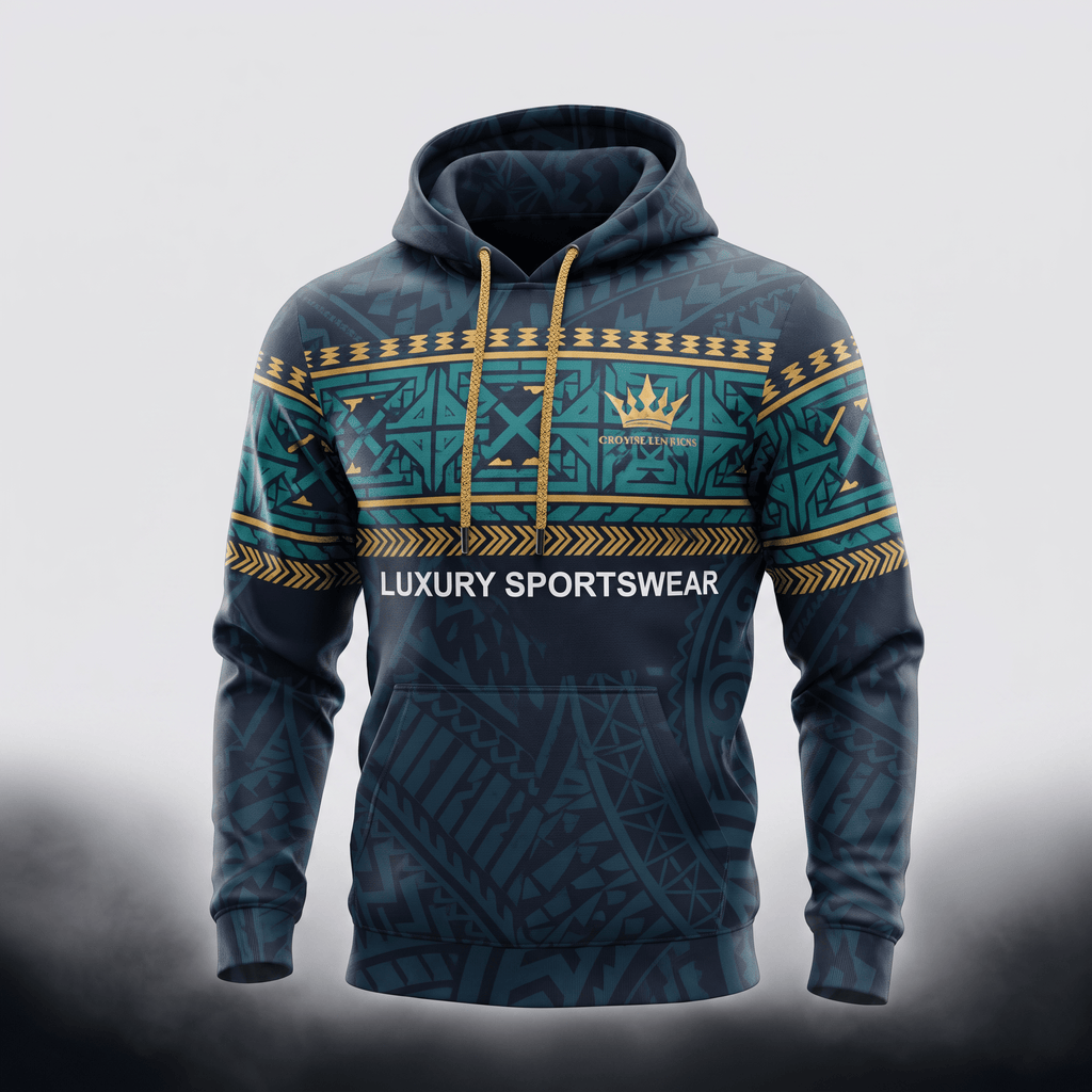 Dark blue hoodie featuring teal and gold tribal patterns, gold crown logo, and luxury sportswear text.