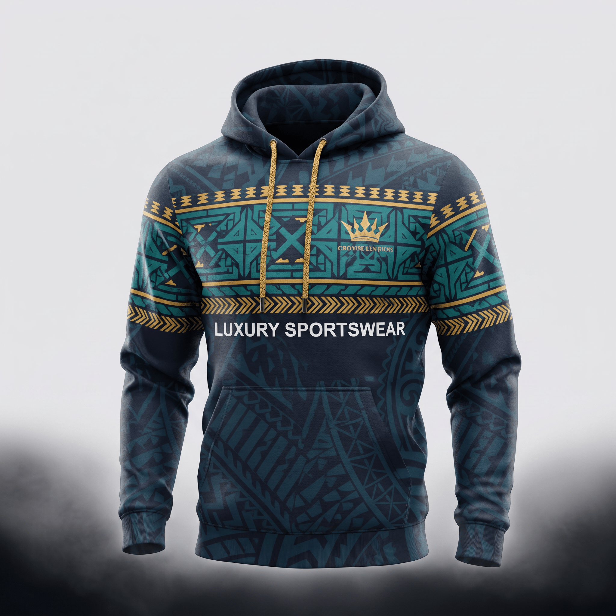 Dark blue hoodie featuring teal and gold tribal patterns, gold crown logo, and luxury sportswear text.
