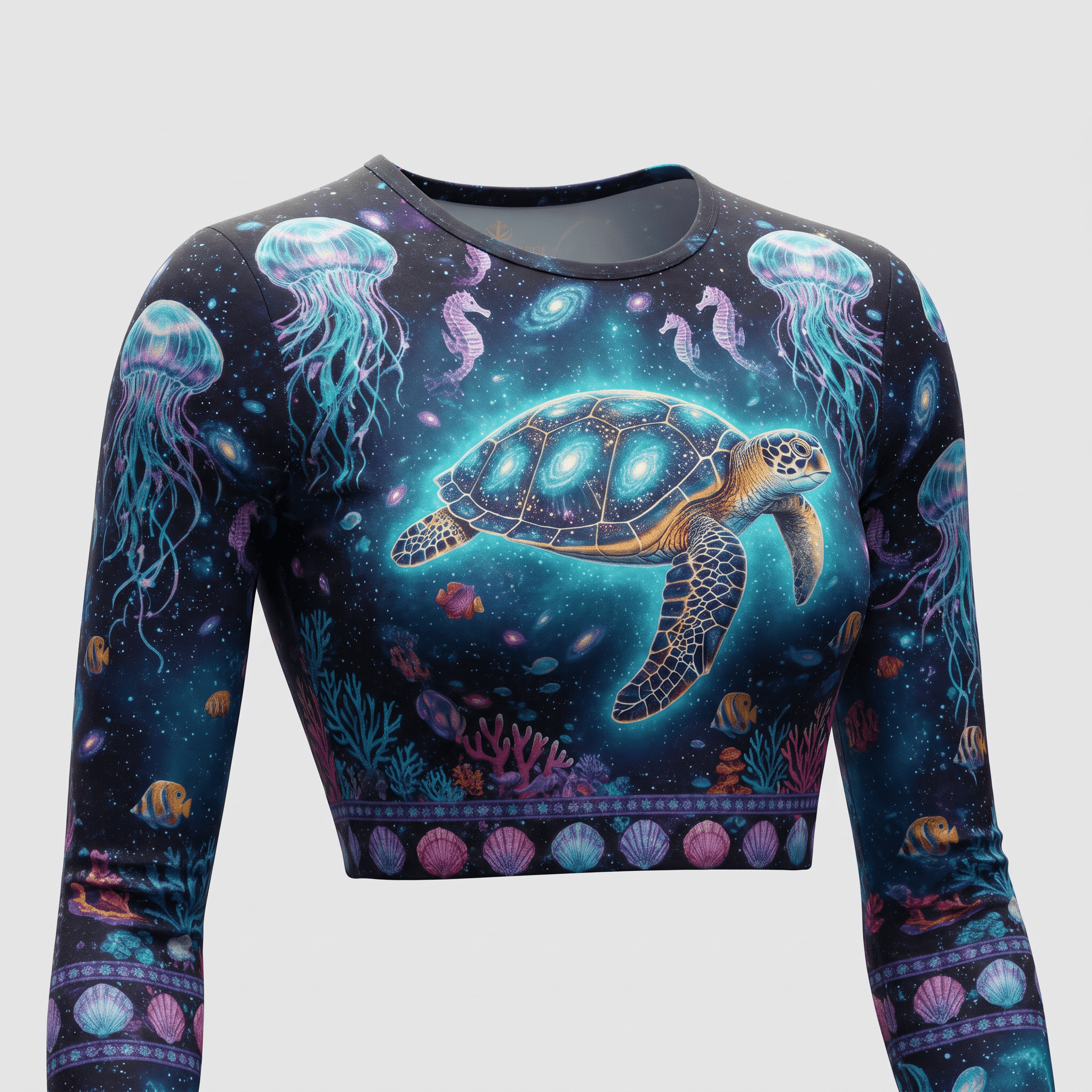 Long-sleeve crop top in dark blue with vibrant sea turtle, jellyfish, and galaxy ocean print.