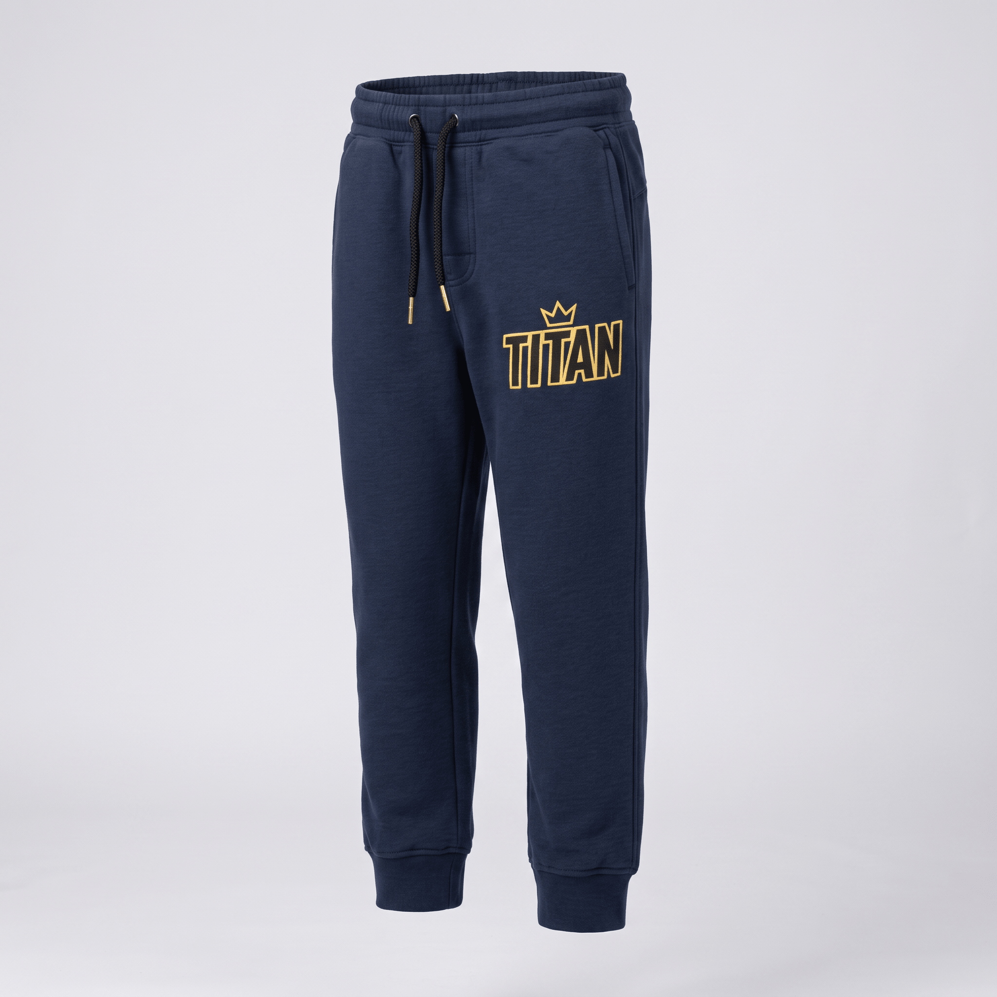 Navy blue sweatpants with gold Titan logo and crown graphic on the left leg against a light gray background.
