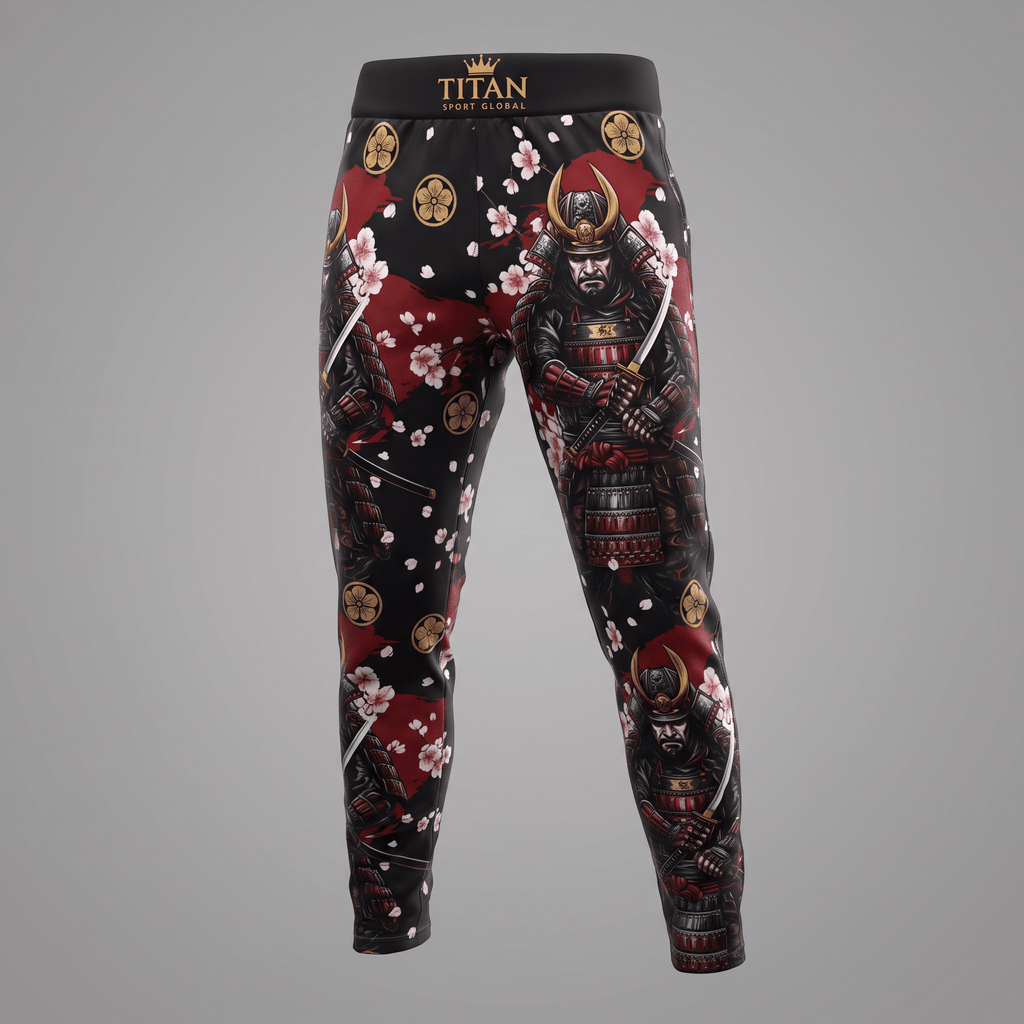 Black athletic pants featuring a samurai graphic, red brushstrokes, and white cherry blossoms on a grey background.