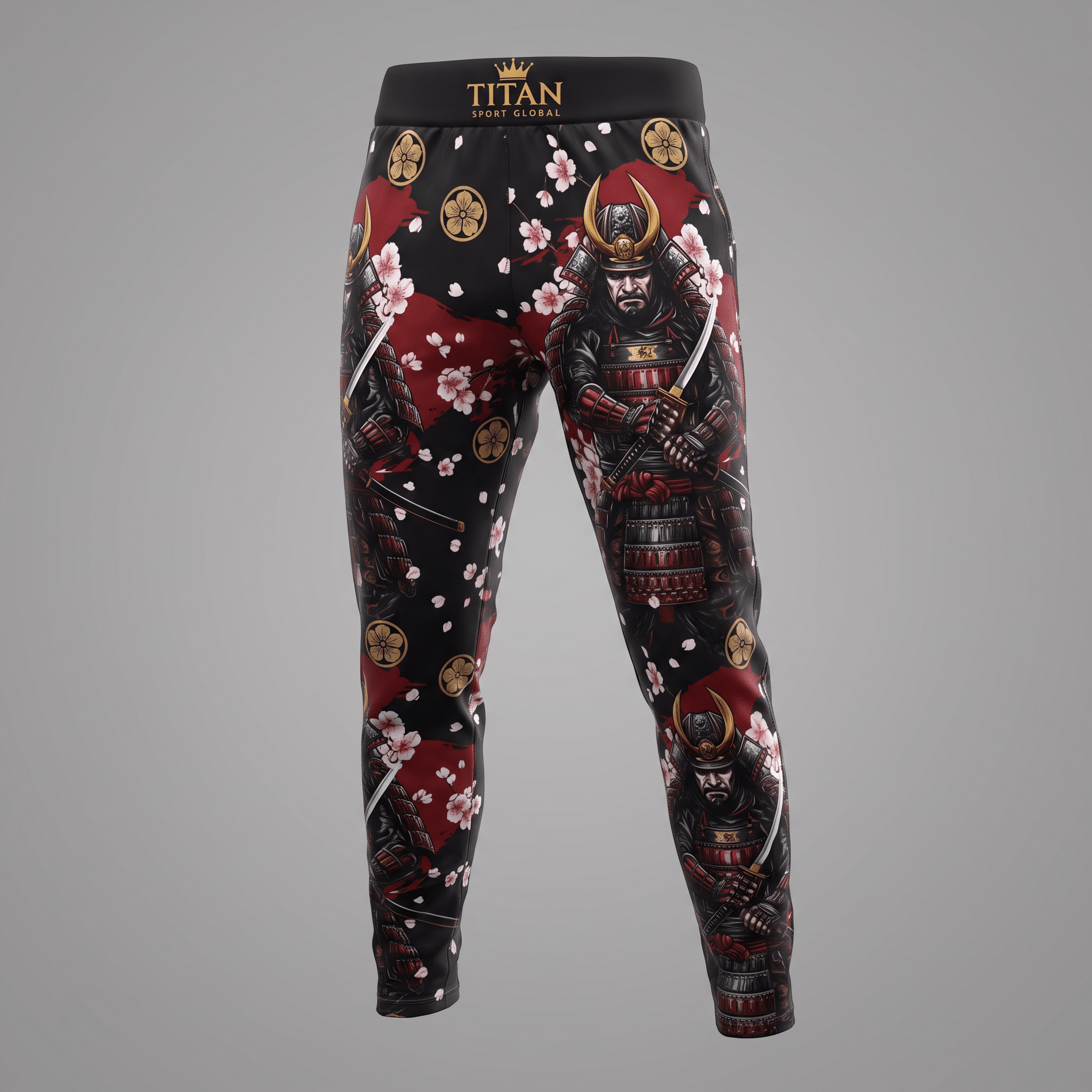 Black athletic pants featuring a samurai graphic, red brushstrokes, and white cherry blossoms on a grey background.