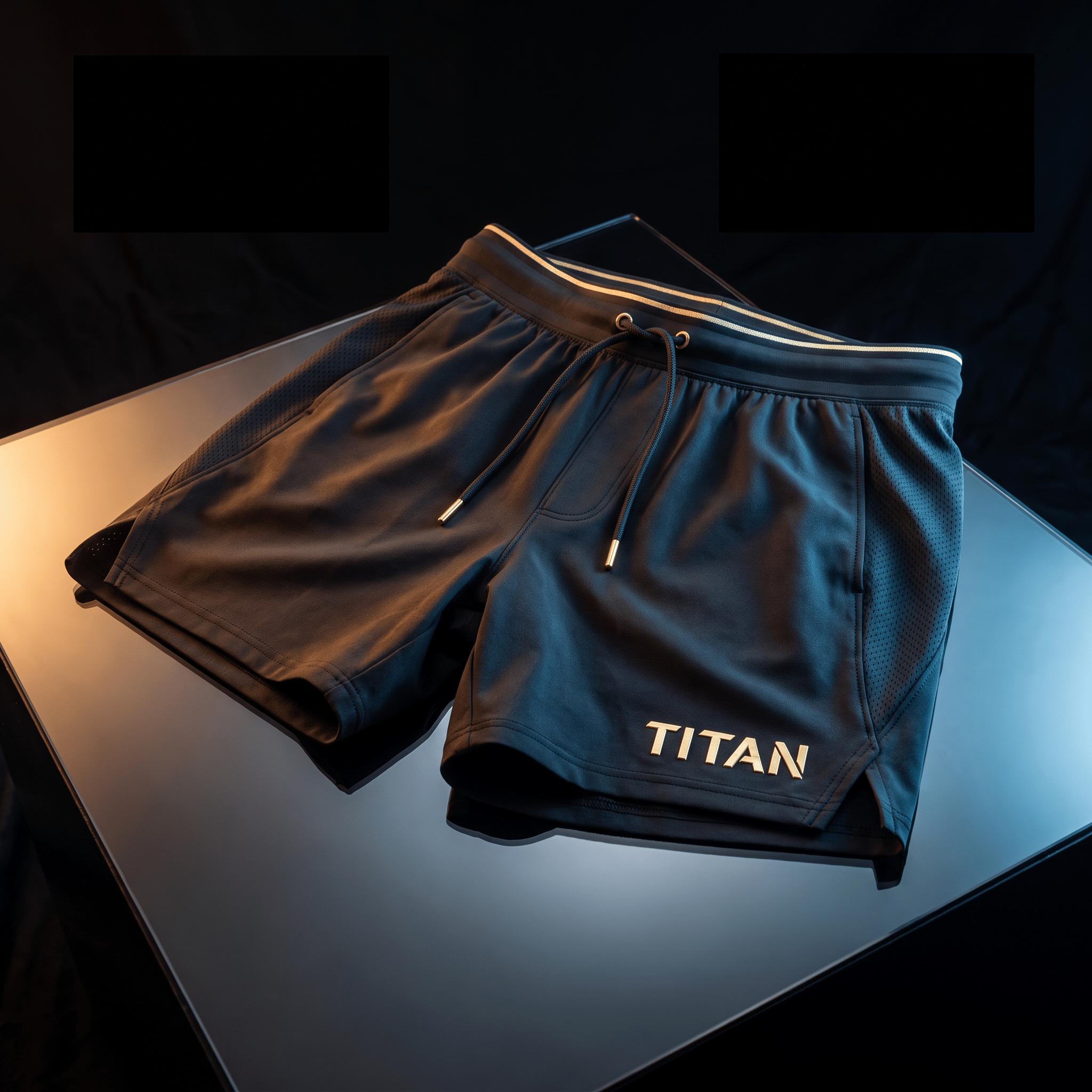 Black athletic shorts with mesh side panels, gold drawstring tips, and gold "TITAN" logo on a reflective surface.