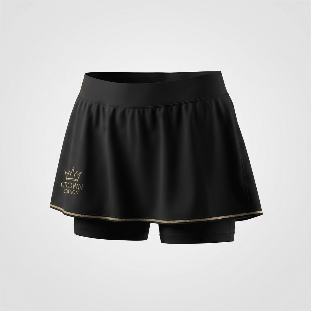 Black athletic skort with built-in shorts, gold hem trim, and Crown Edition logo against a light background.