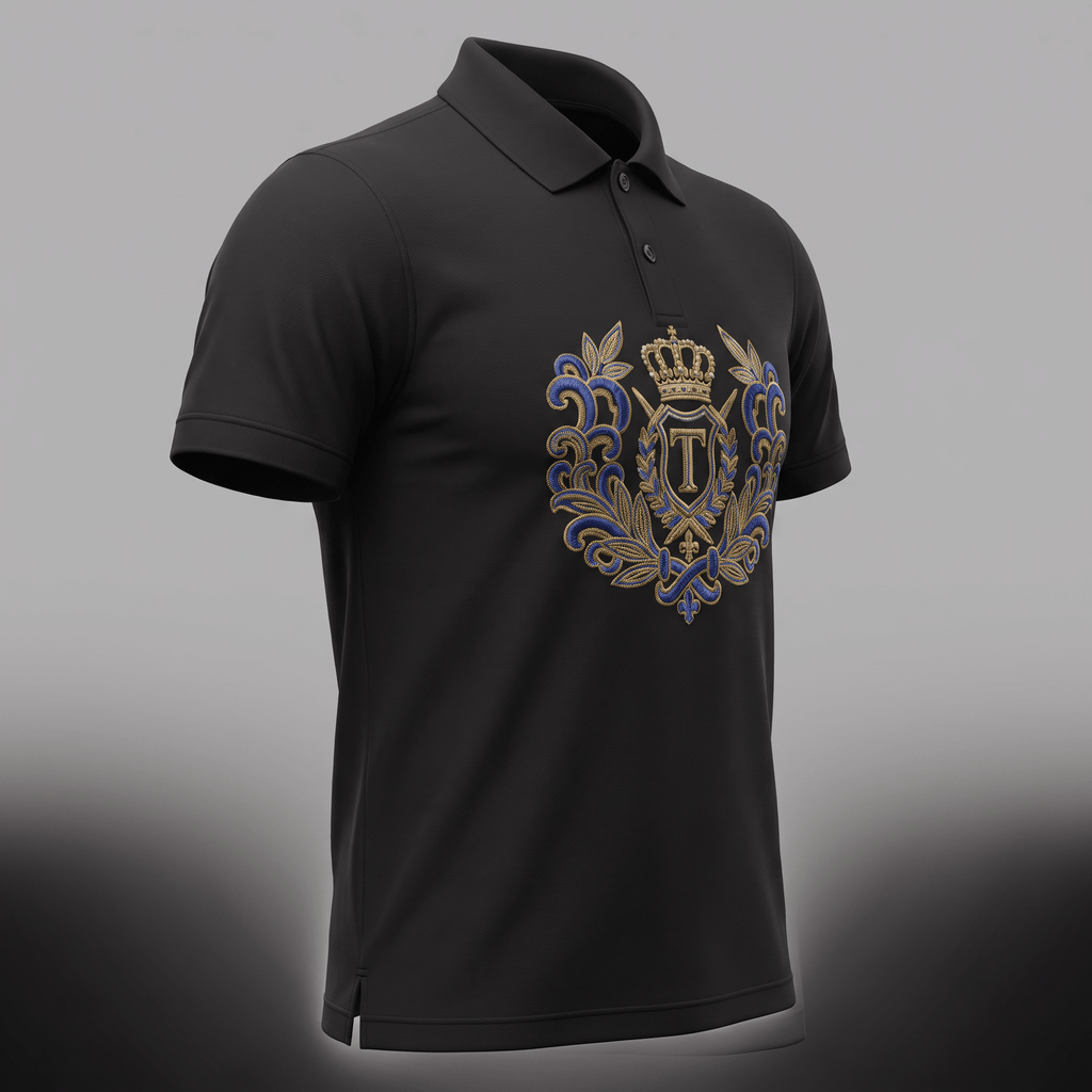 Black polo shirt featuring an embroidered gold and blue royal crest on the chest.