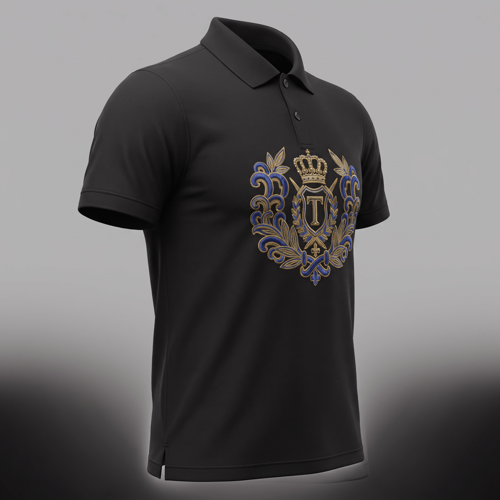 Black polo shirt with a gold and blue embroidered royal crest logo on the chest.