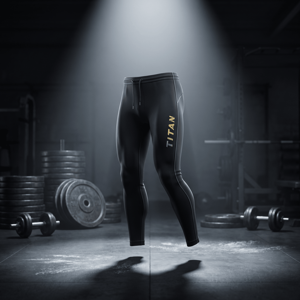 Black athletic leggings with gold "TITAN" branding and drawstring waist, floating in a dark, gym-focused spotlight.
