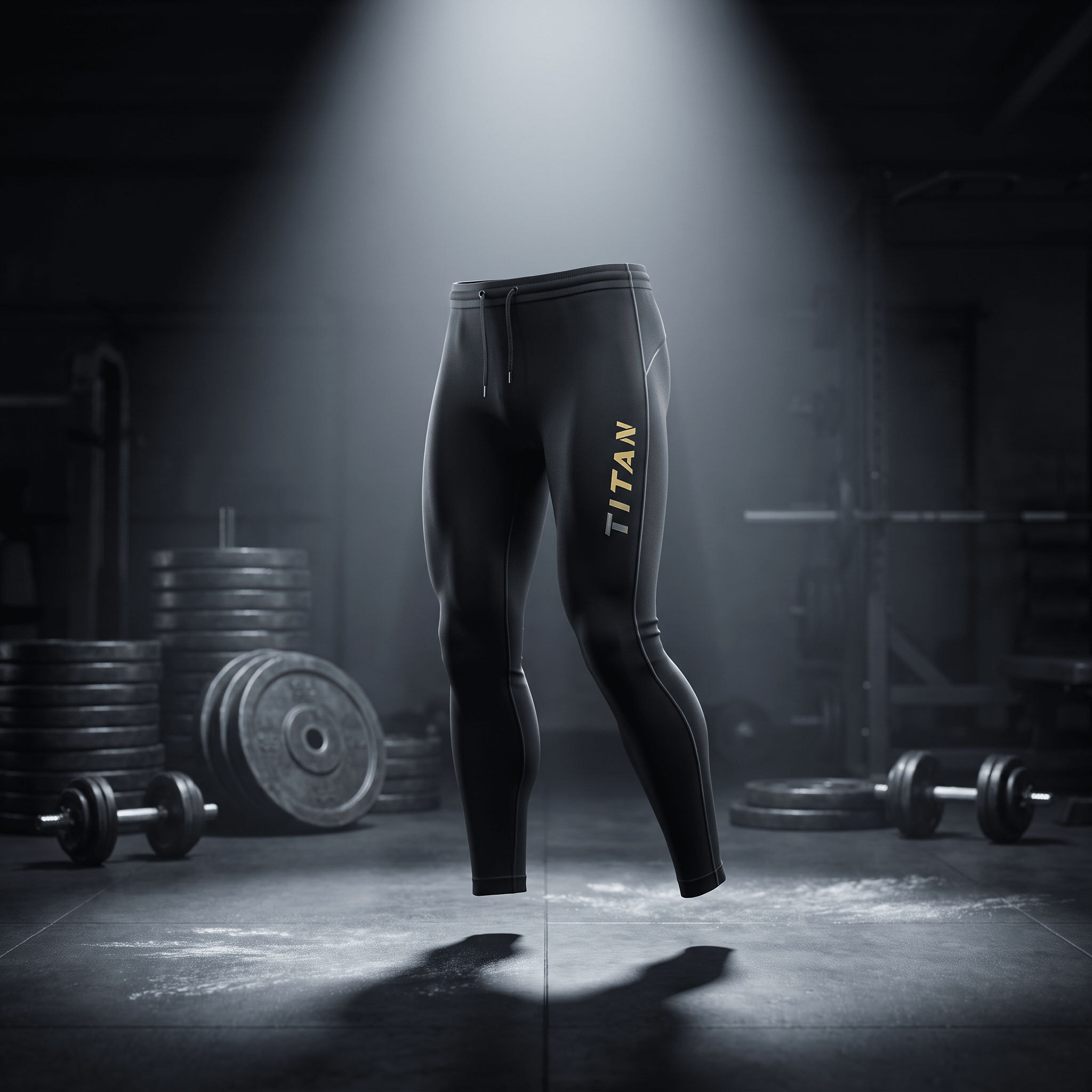 Black athletic leggings with gold "TITAN" branding and drawstring waist, floating in a dark, gym-focused spotlight.