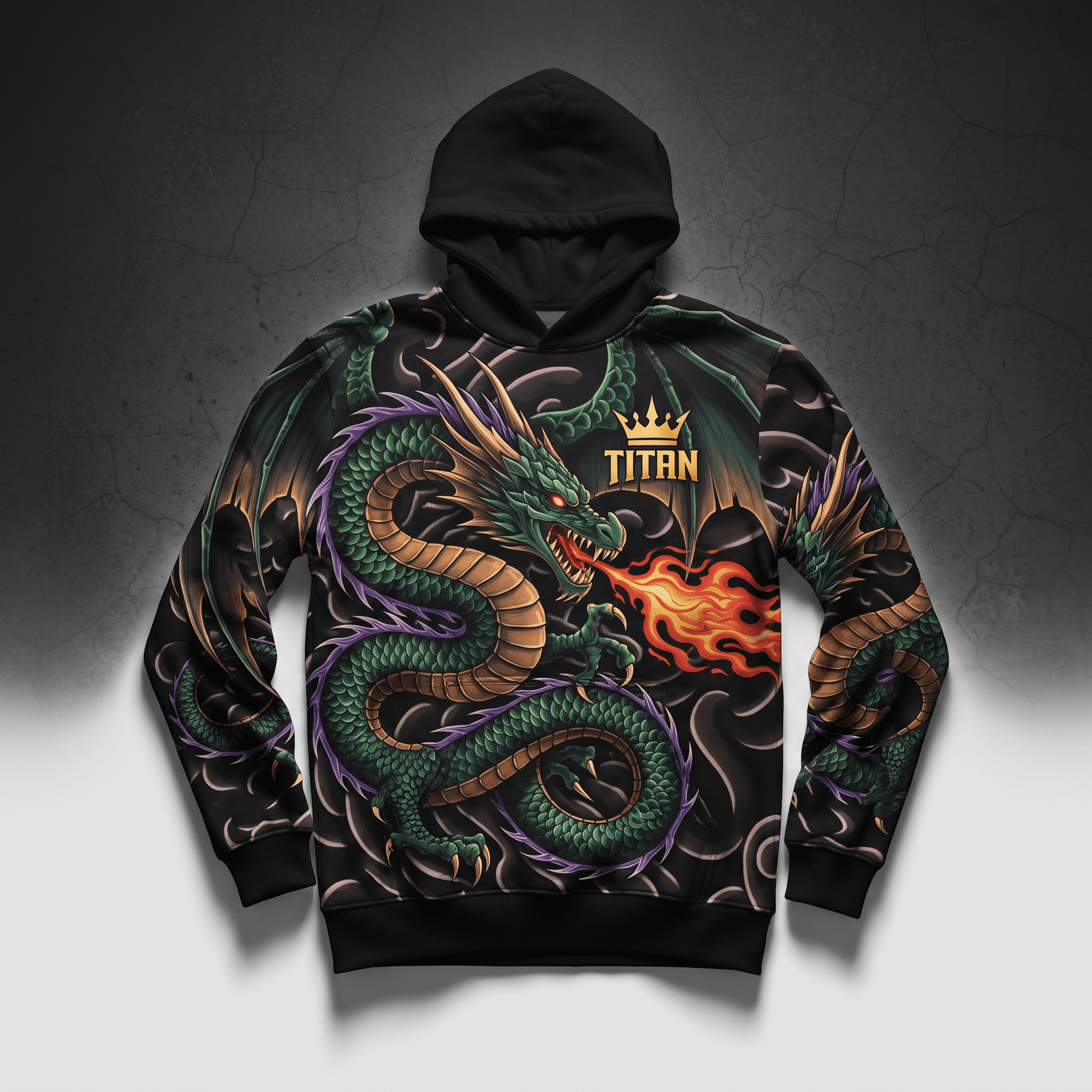 Black hoodie featuring a green and gold dragon graphic breathing fire and the word Titan.